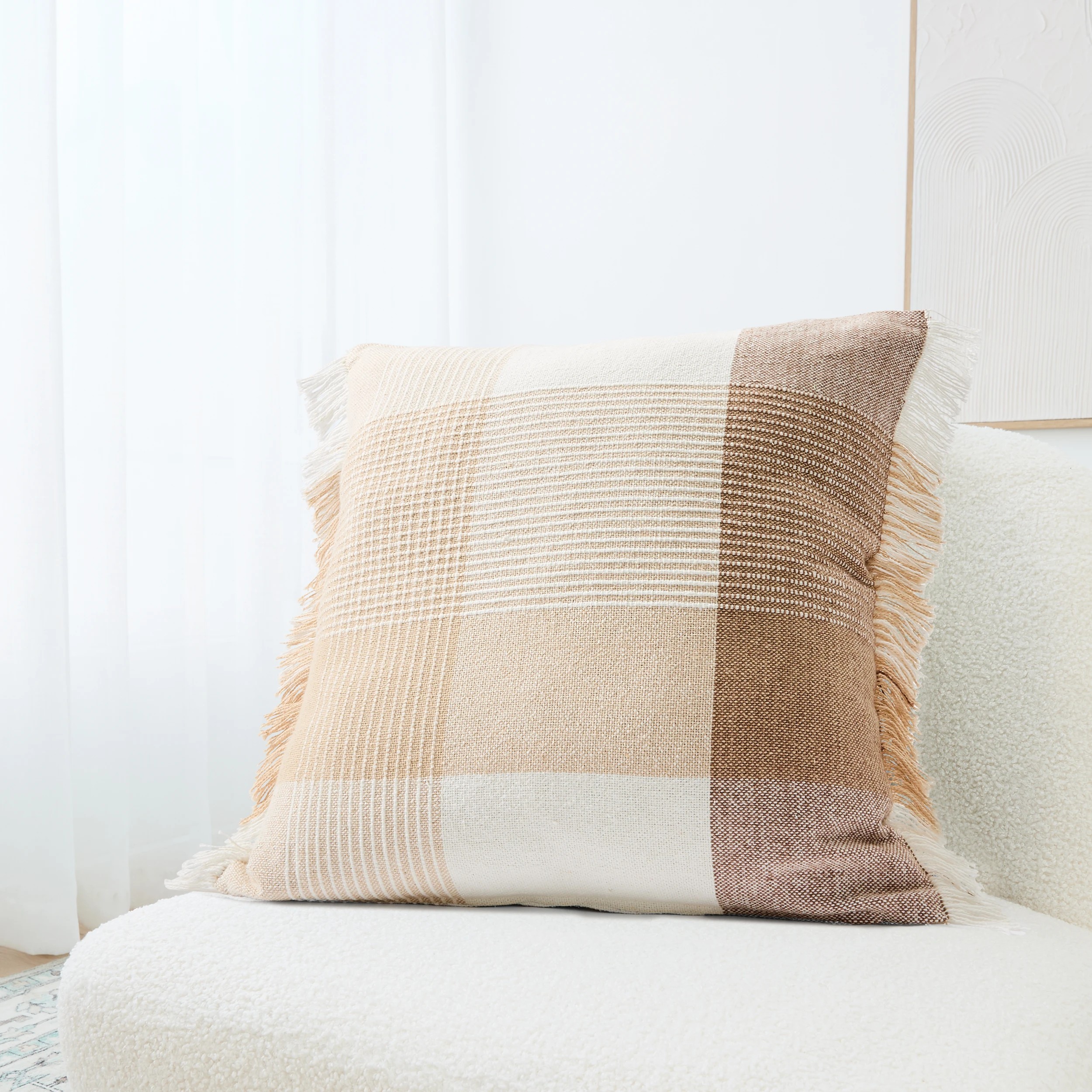 1 50cm Woven Check Cotton Cushion Cover - Beige, 1 of 7