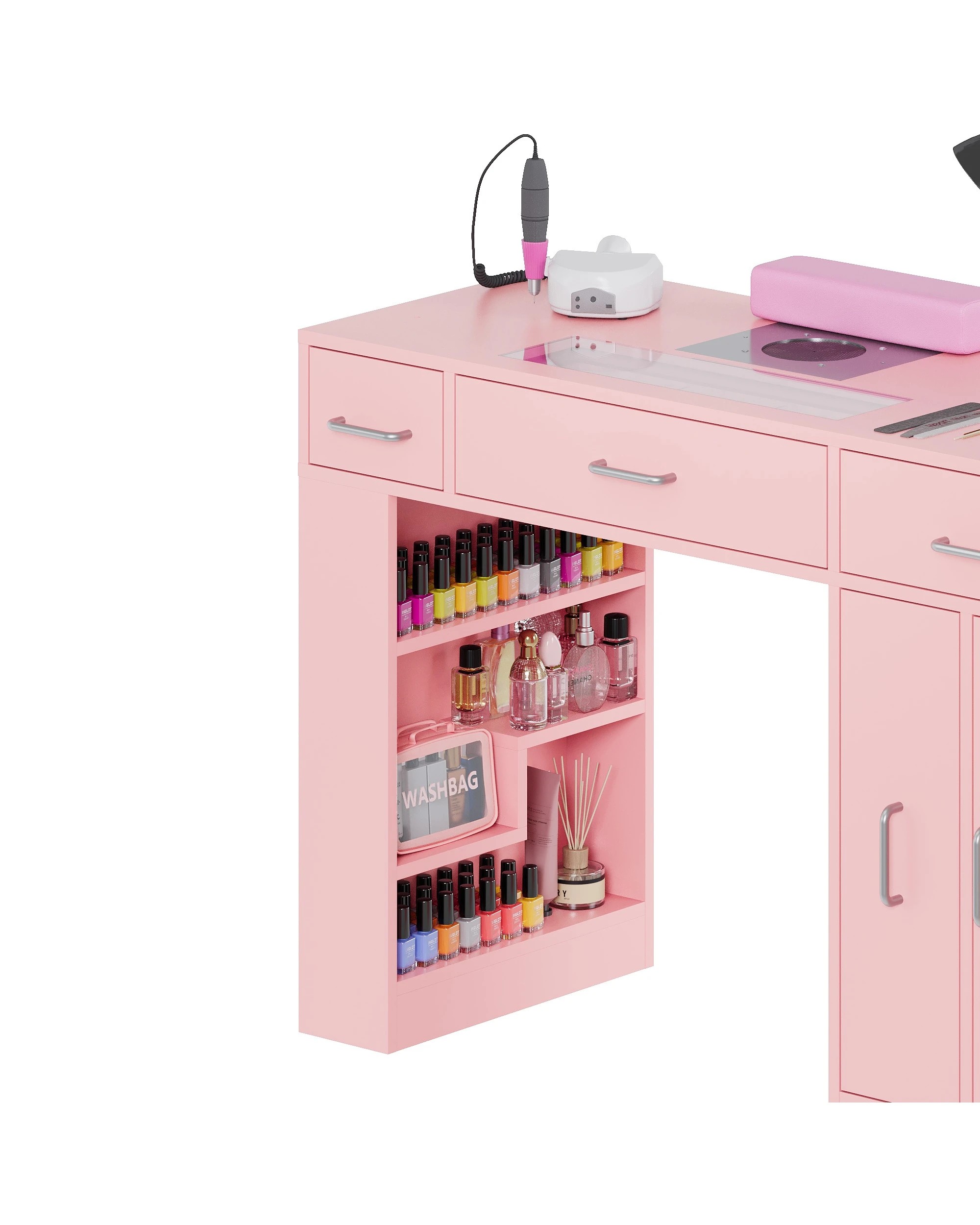 6 Advwin Vanity Nail Desk Manicure Table w/Glass Top Drawer Dust Collector Wireless Charging LED Light - Pink, 6 of 9
