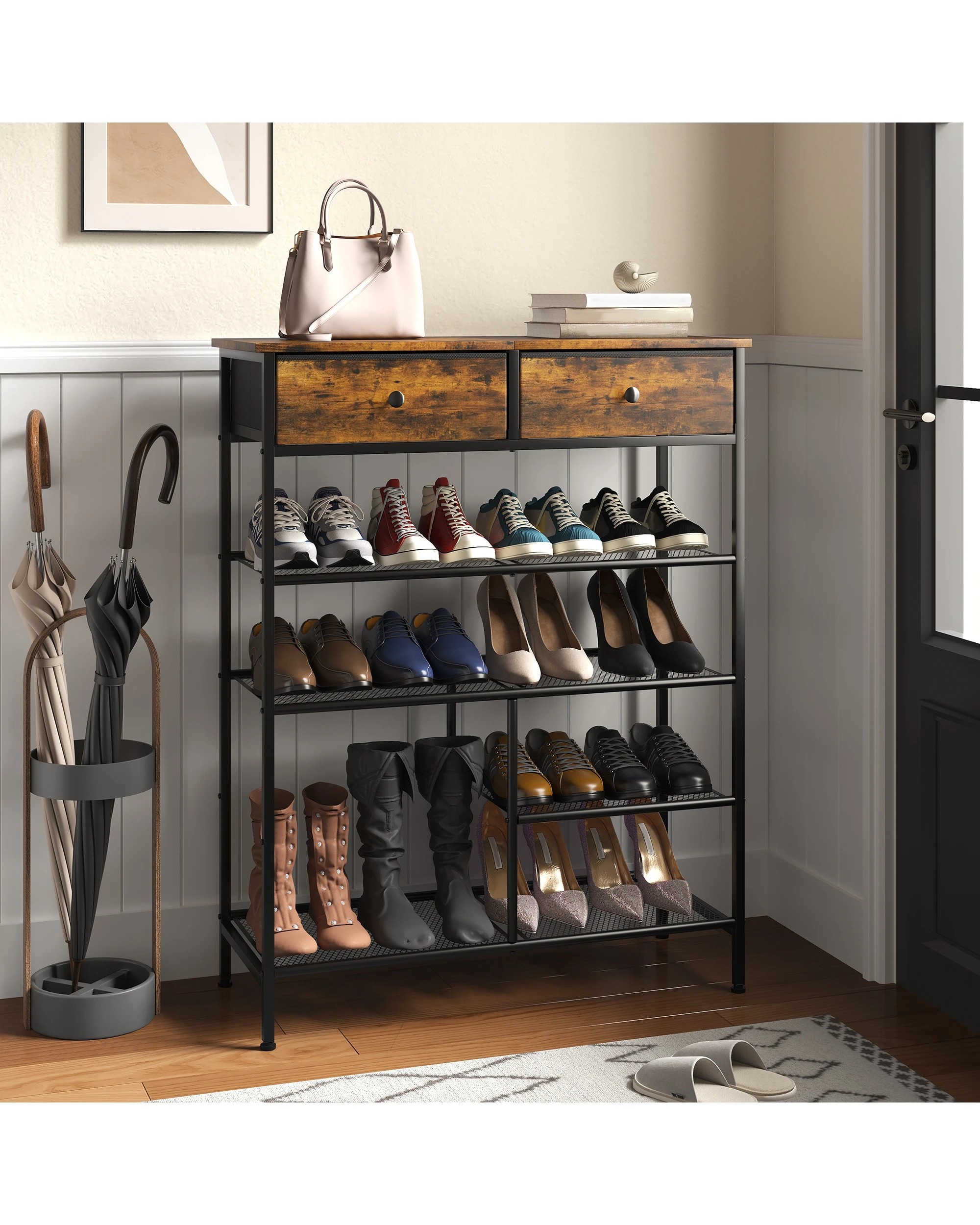 3 Advwin Shoe Rack Shoe Storage Organizer w/ 2 Drawers and Open Mesh Shelves Freestanding Shoe Shelves, 3 of 10