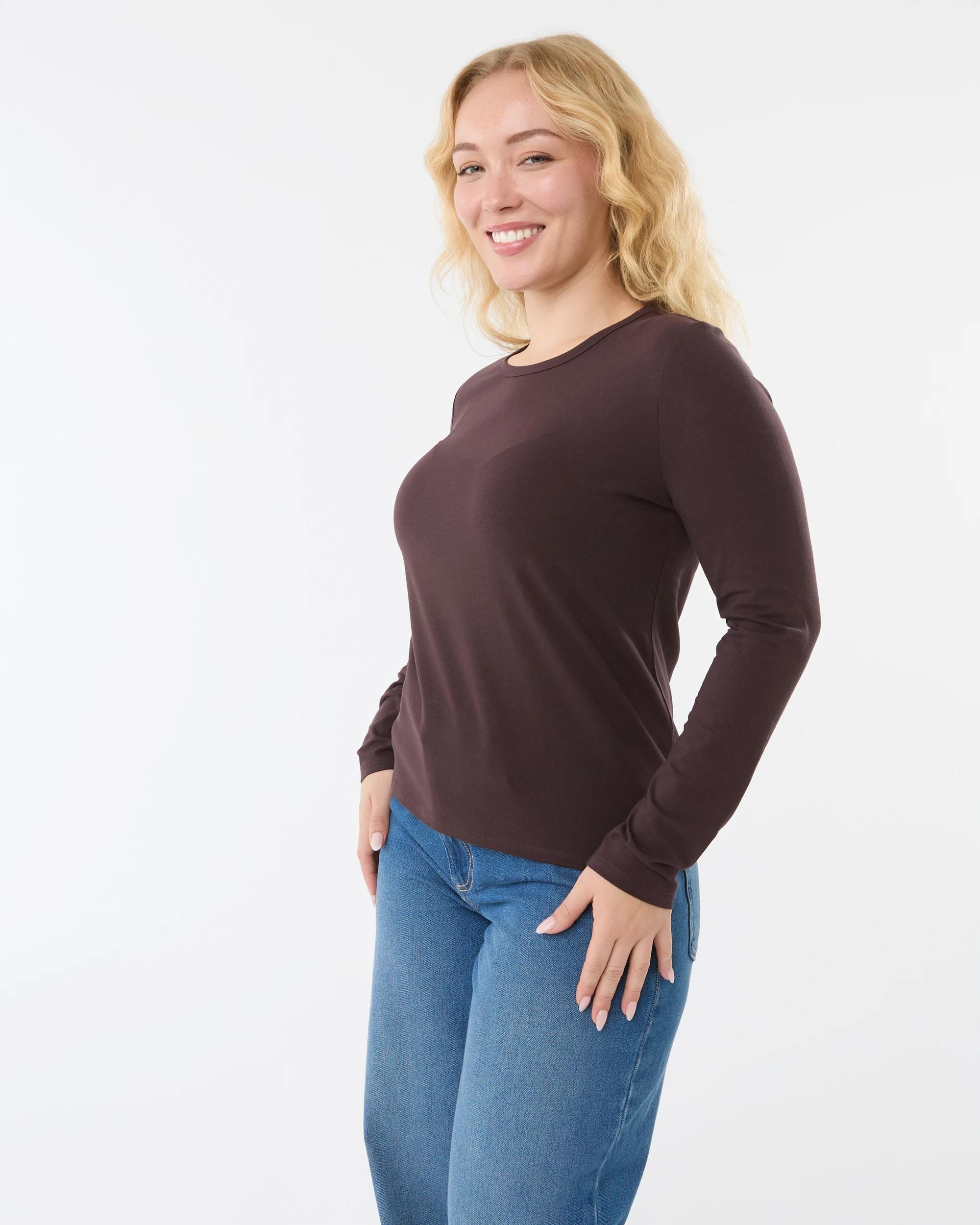 2 Long Sleeve Stretch Crew Neck T-shirt Choc Plum, 2 of 6