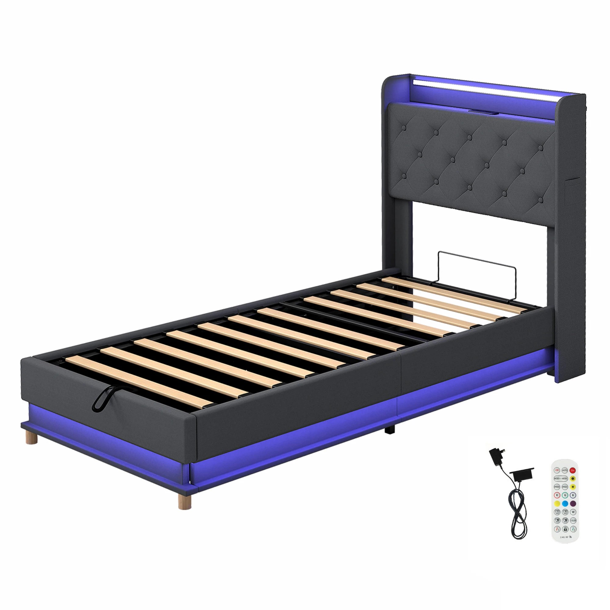 1 Levede Single Bed Frame Fabric with LED and Charging Station - Grey, 1 of 9