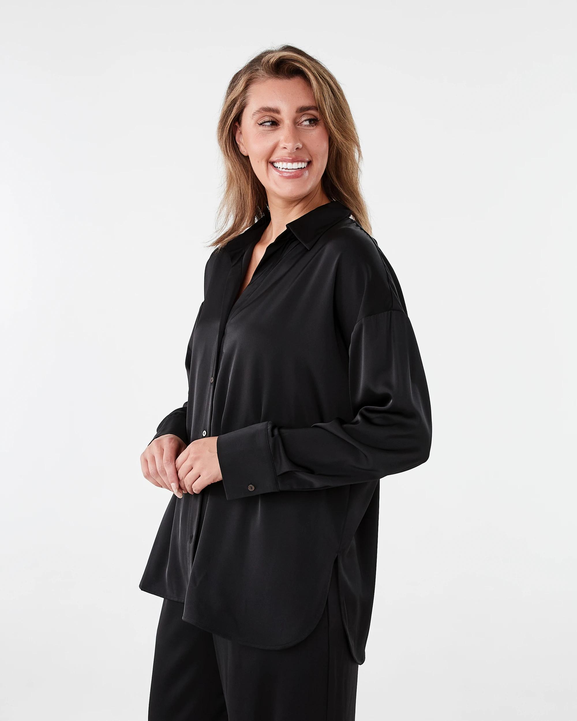4 Long Sleeve Oversized Satin Shirt Black, 4 of 10