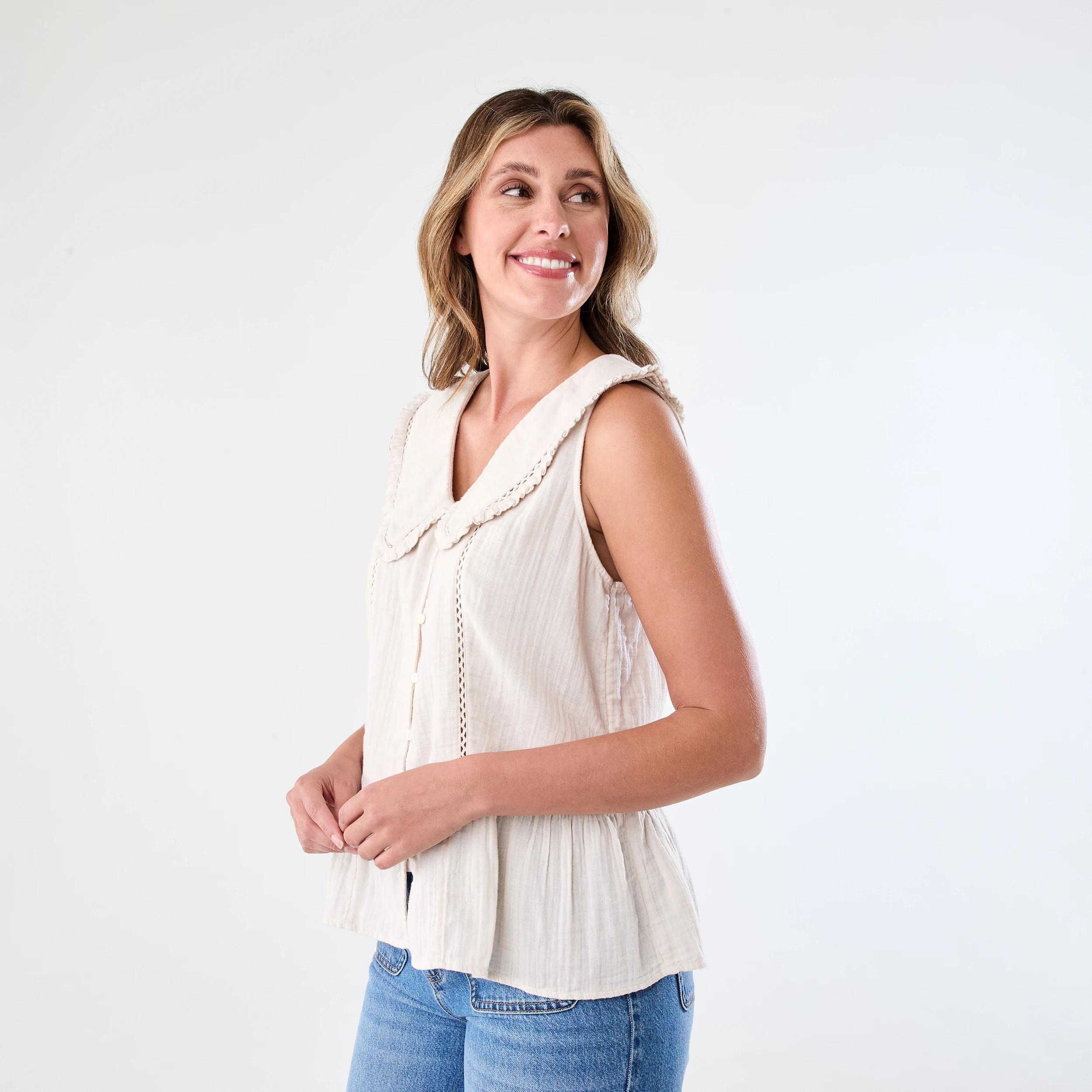 2 Sleeveless Collared Frill Top Nat Beige, 2 of 7