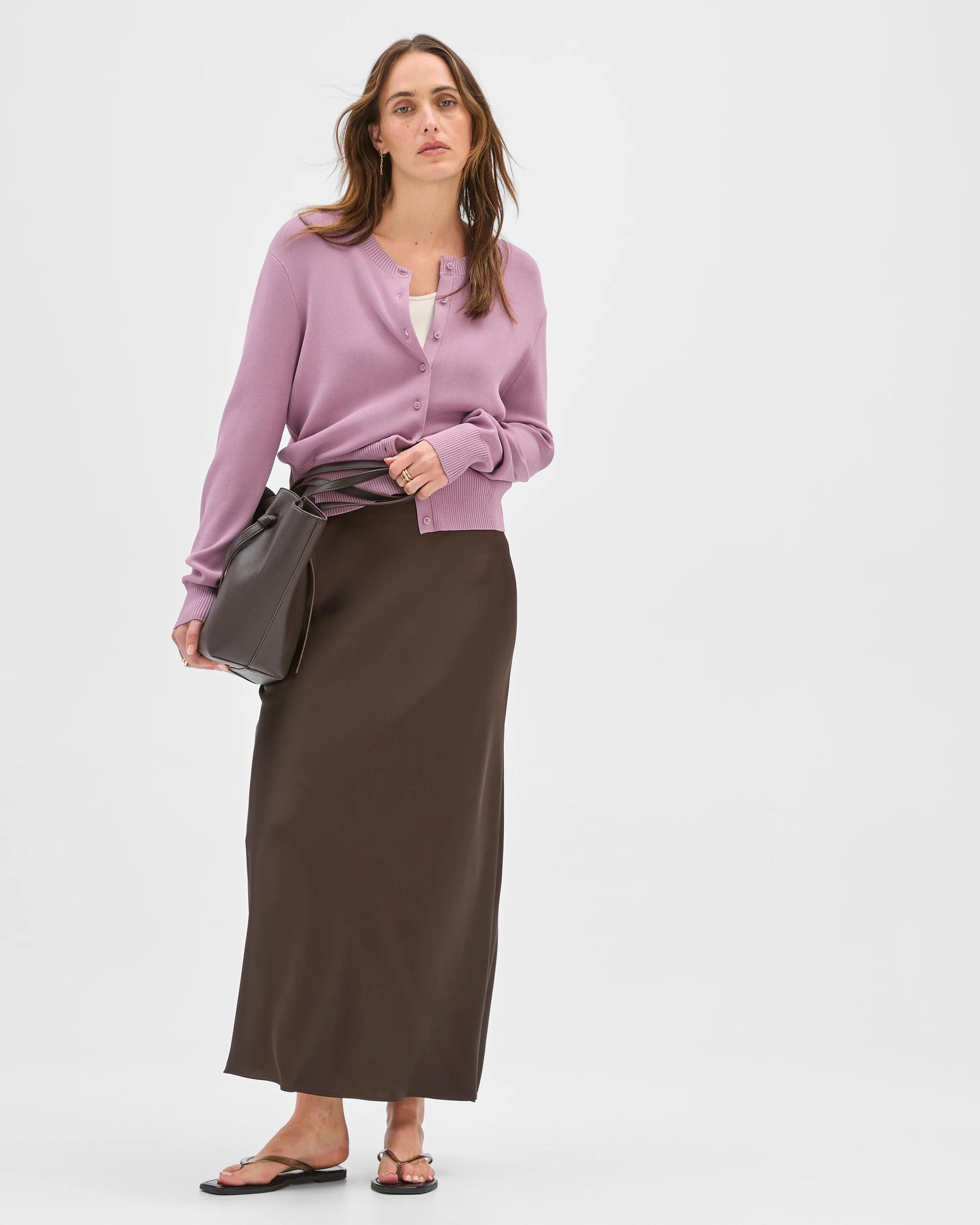 1 Satin Bias Cut Midi Skirt - Preview COFFEE BEAN, 1 of 7