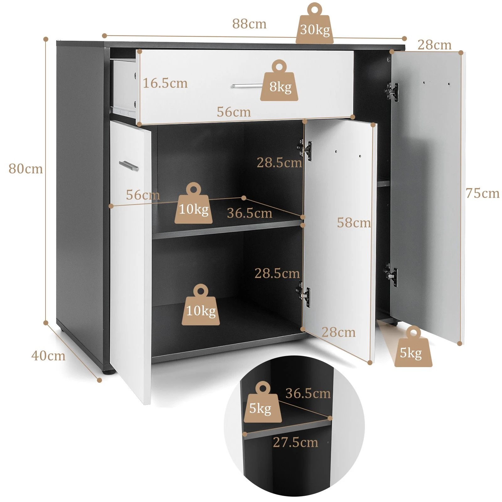 3 Costway Wood Buffet Sideboard Adjustable Shelves, 3 of 4