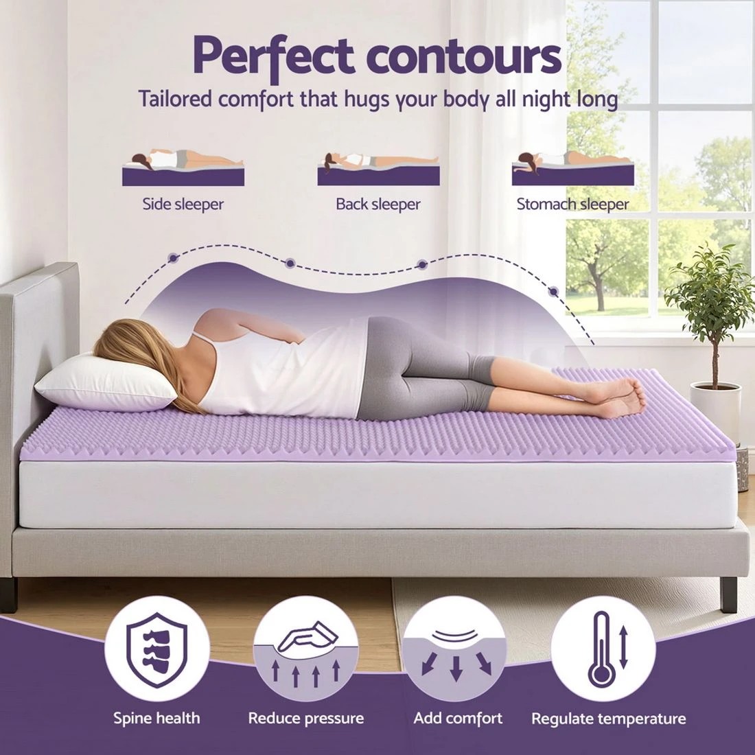 3 Giselle 5cm Memory Foam Mattress Topper Lavender Infused Egg Crate Pad Mat Queen - Queen Bed - Purple, 3 of 7