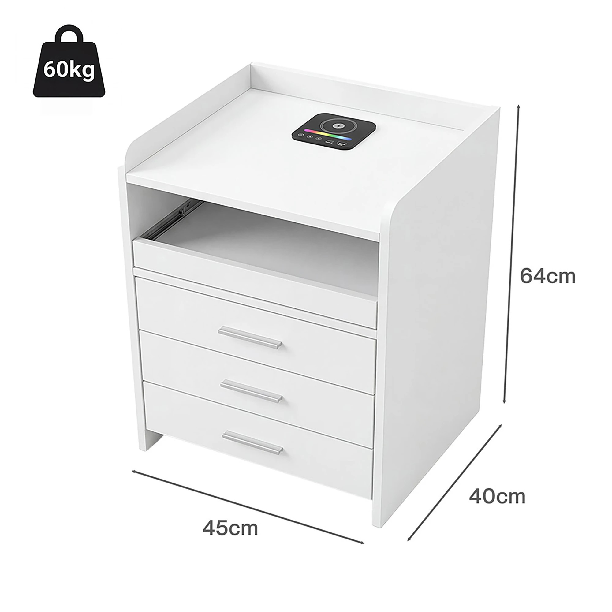 3 Levede Wireless Charging Station Bedside TableRgb LightHuman Sensor3 Drawers - White - White, 3 of 5