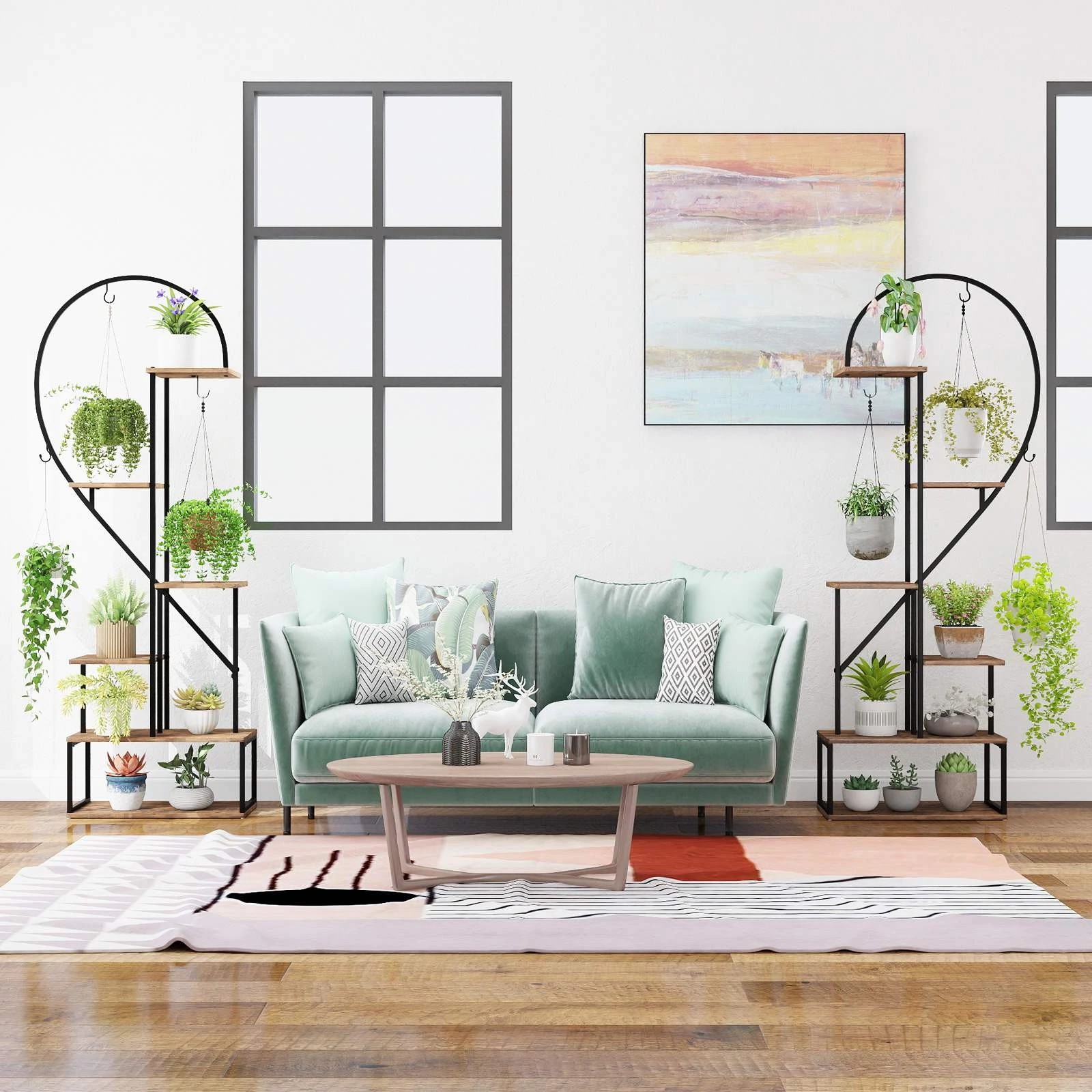 2 Costway 2x 6-Tier Metal Plant Stand Heart-Shape Flower Display Shelf w/12 Boards & Hook Planter Holder - Brown, 2 of 2
