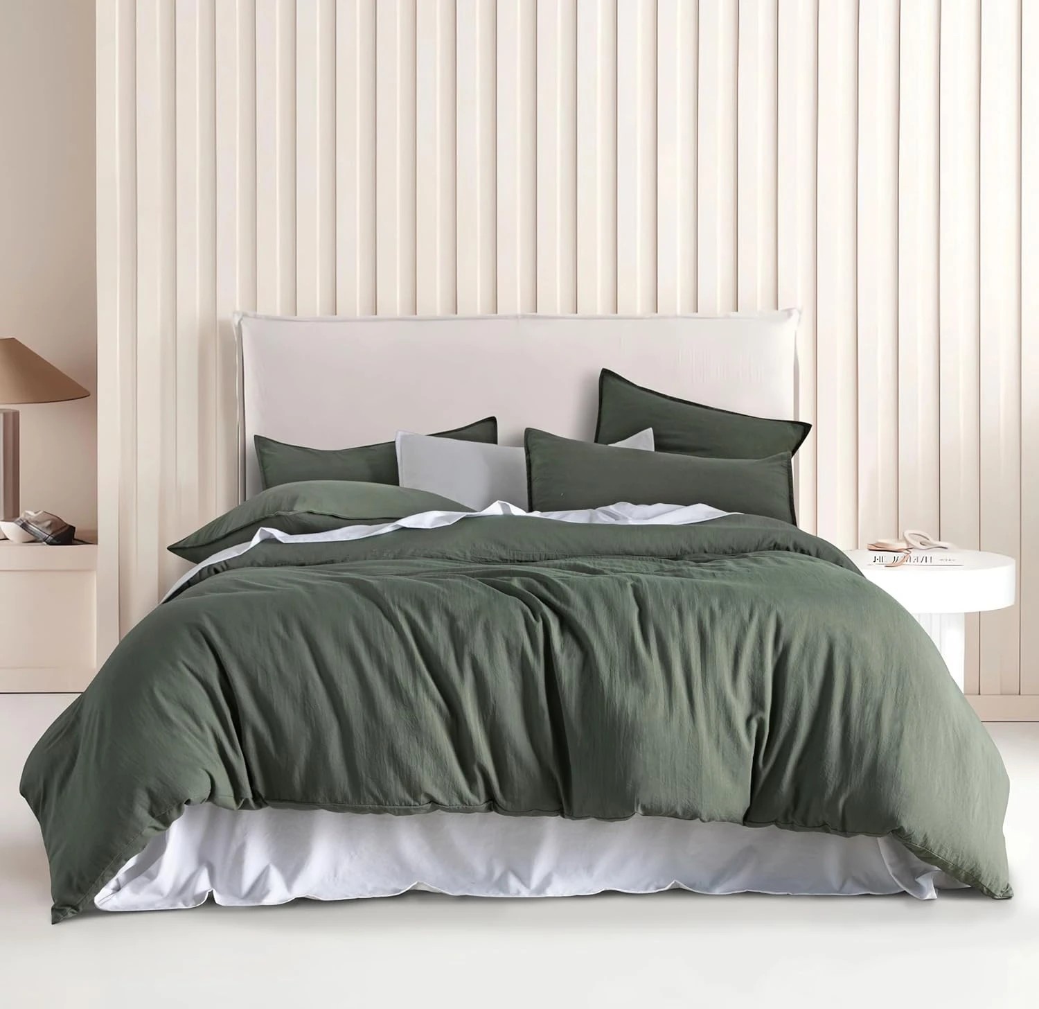 1 CleverPolly 100% Vintage Washed Microfibre Quilt Cover Set - Khaki Green - Queen Bed, 1 of 6