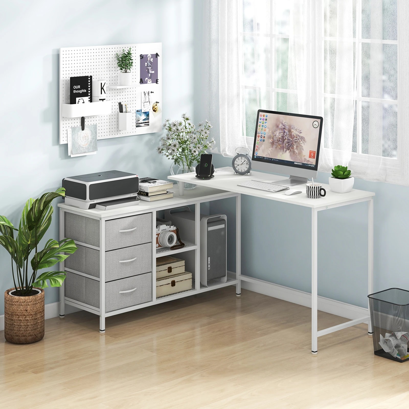 2 Costway L-shaped Computer Desk Home Office Writing Desk w/3 Fabric Drawers & Power Outlet, 2 of 4