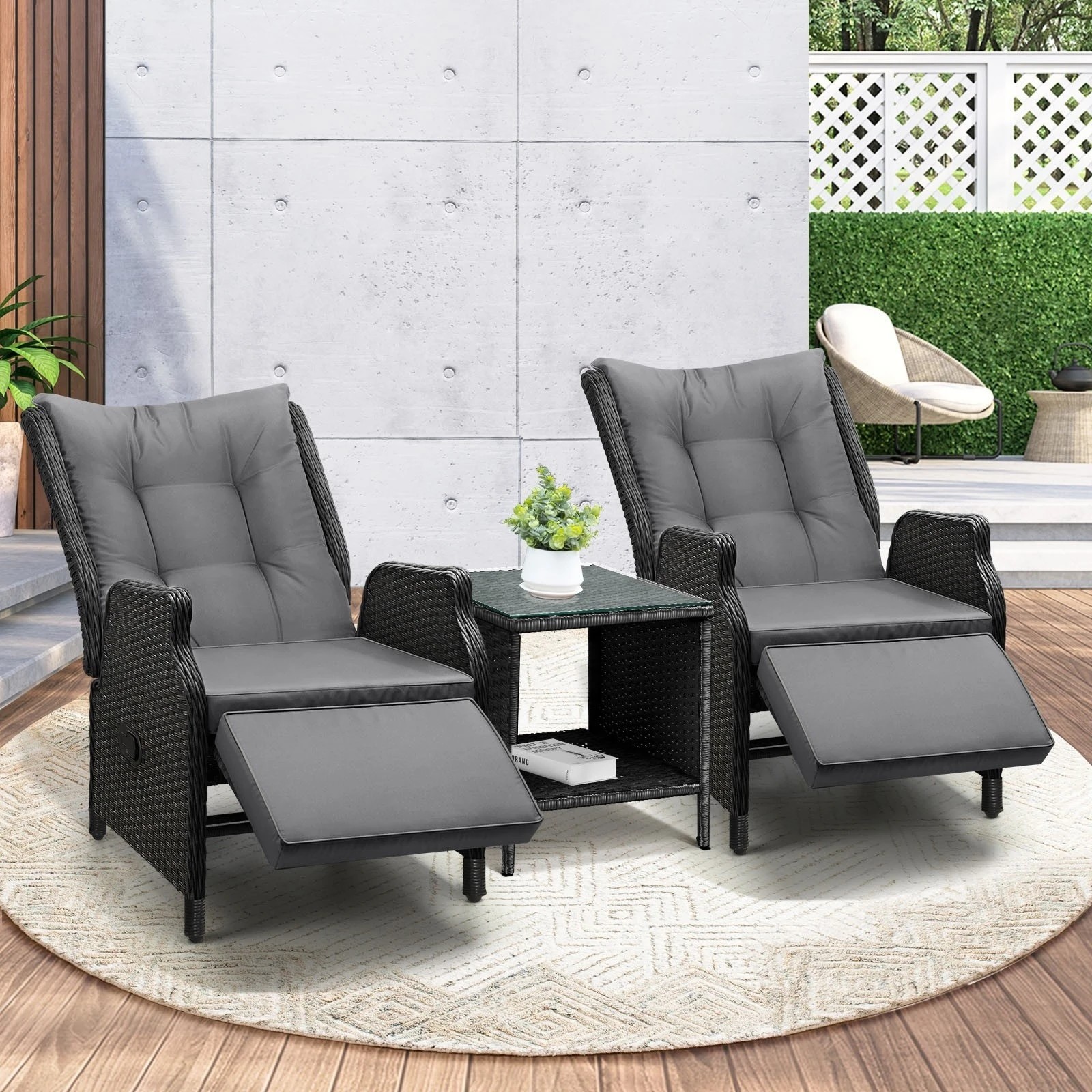 2 Livsip Sun Lounge Outdoor Recliner Chair &table Outdoor Furniture Patio Set Of 3
 - Black, 2 of 10