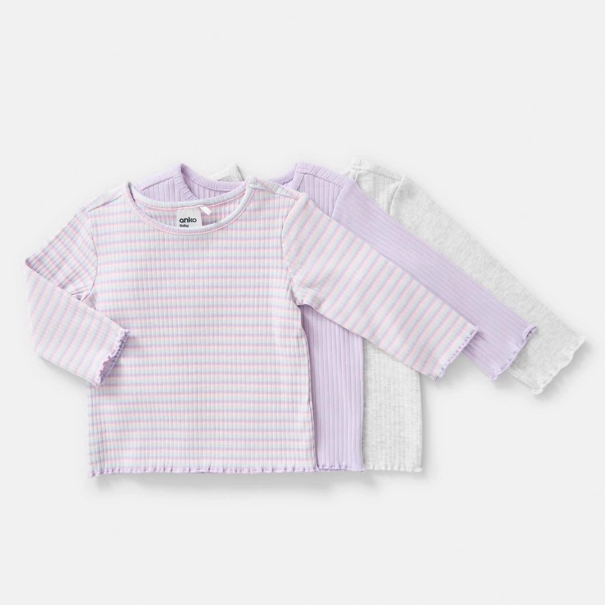 1 3 Pack Long Sleeve Rib T-shirts Pur Stripe, 1 of 8