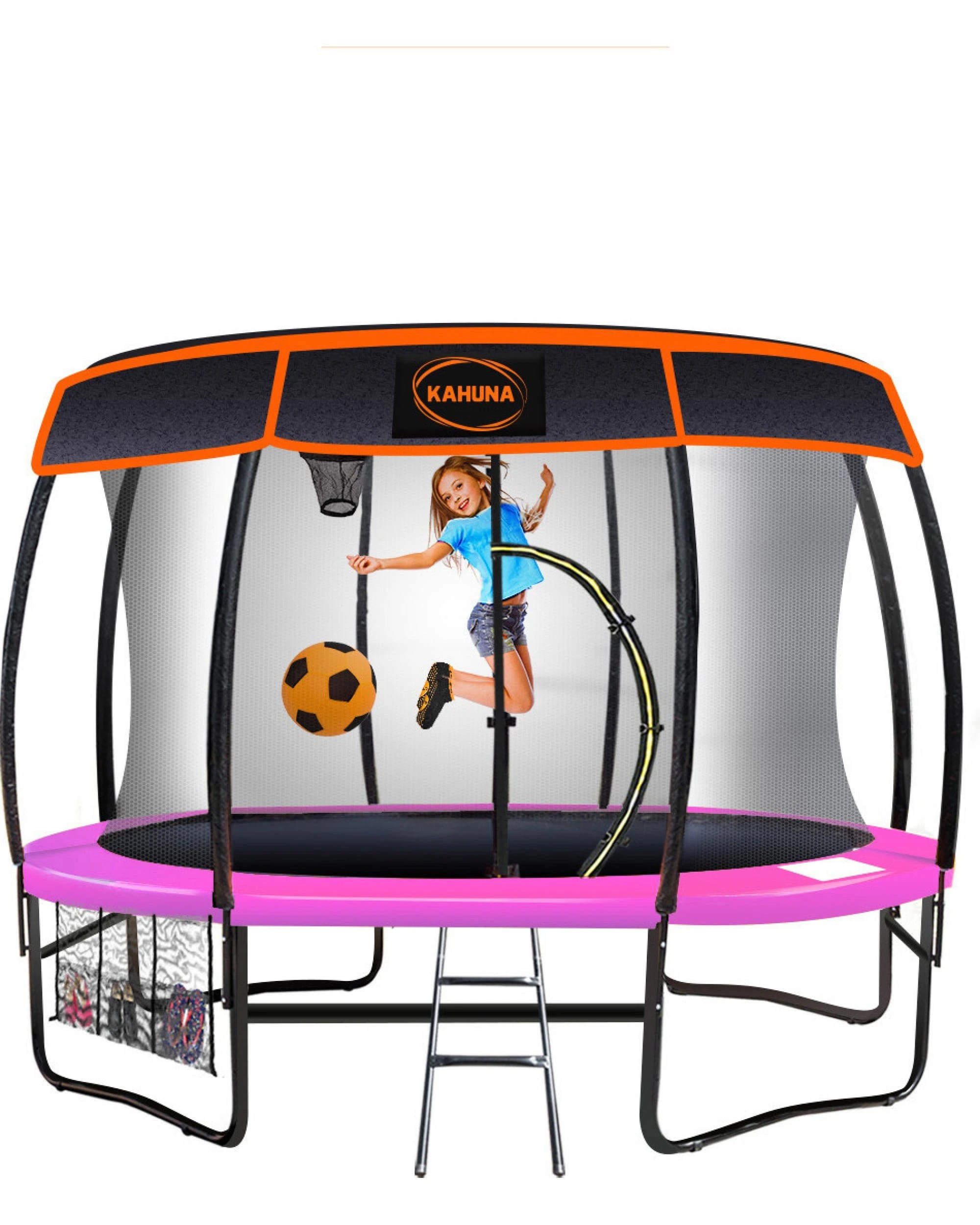 1 Kahuna 12ft Trampoline with LED Basketball Set and Roof - Pink, 1 of 8