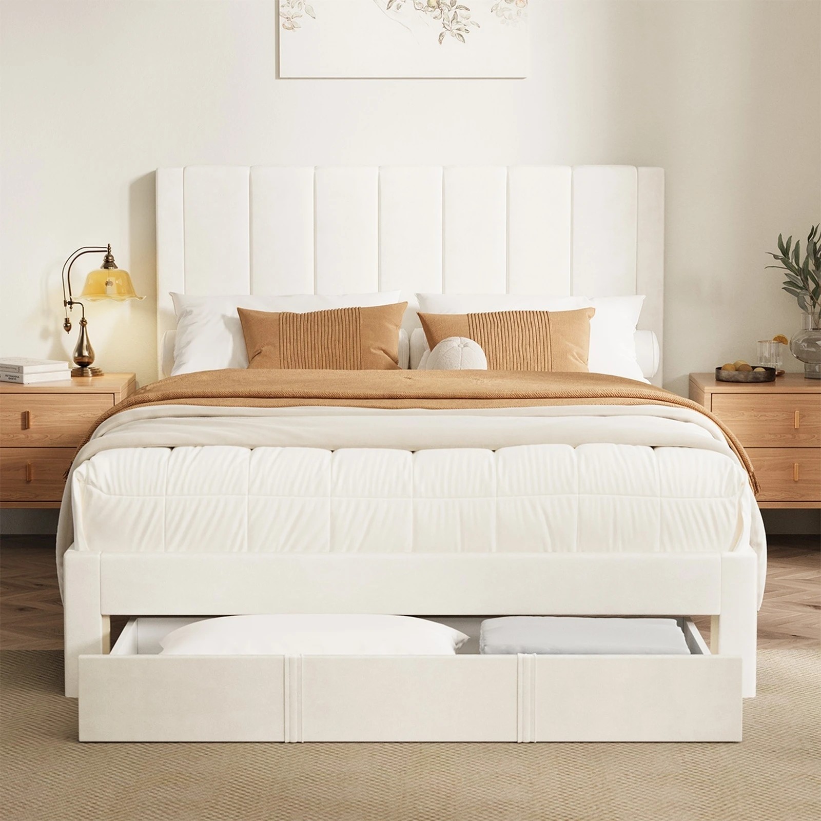 4 Oikiture Bed Frame Double Size Headboard Platform Base with Drawer - Beige, 4 of 8
