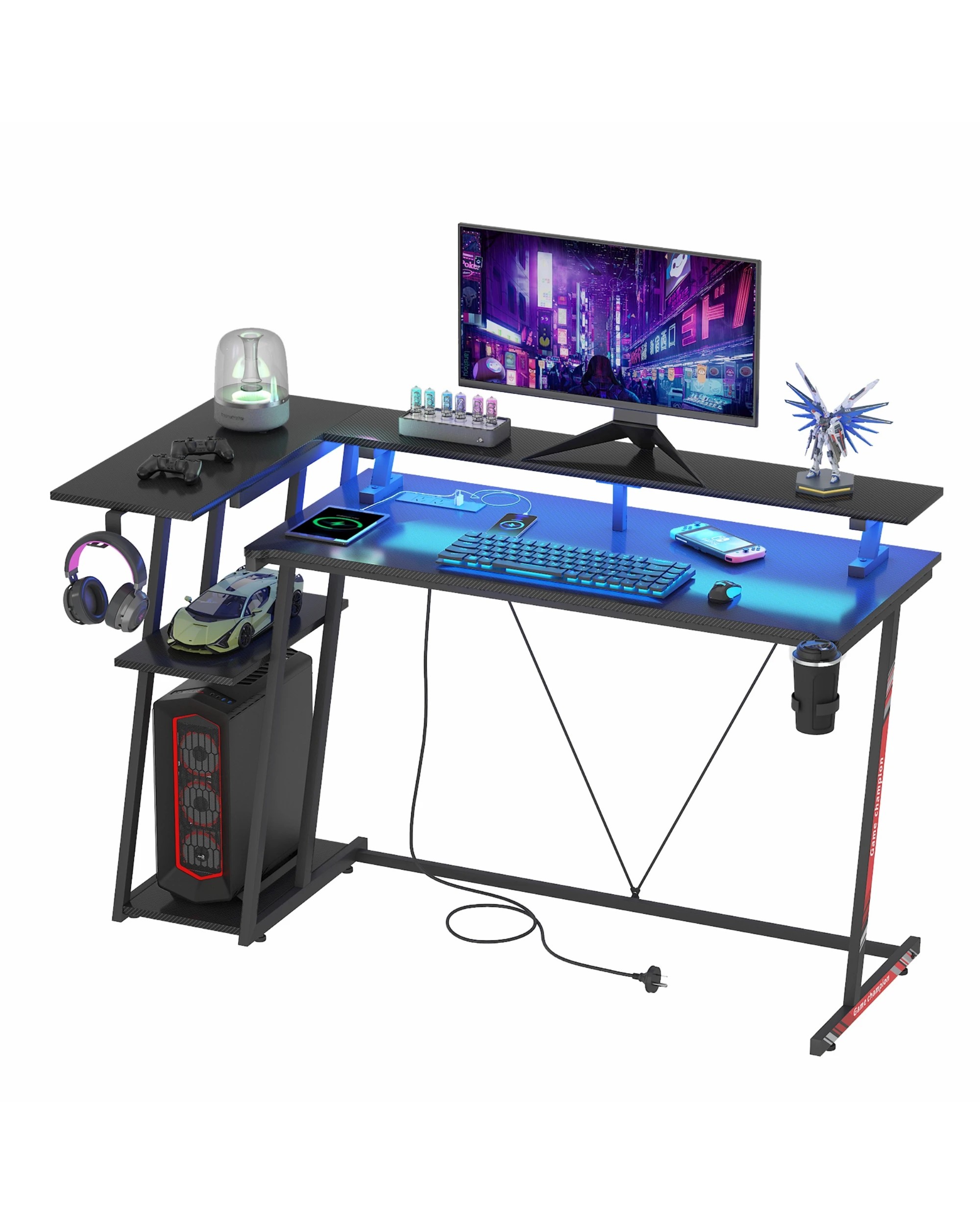 5 Advwin 140cm L Shaped Gaming Desk with LED Lights & Power Outlets Reversible Storage Shelf - Black, 5 of 9