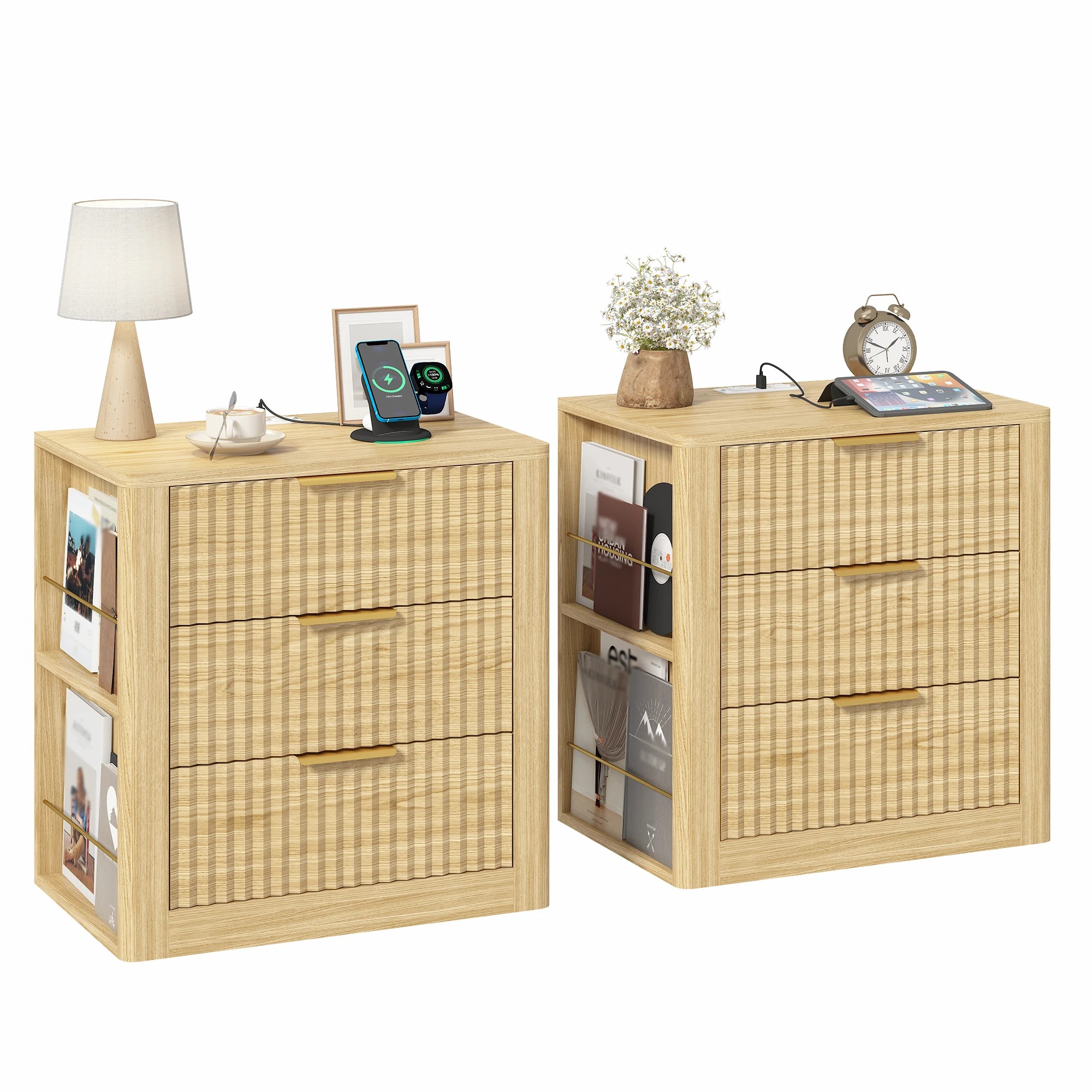 Advwin Set of 2 Fluted Bedside Table with 3 Drawers Metal Handles ...