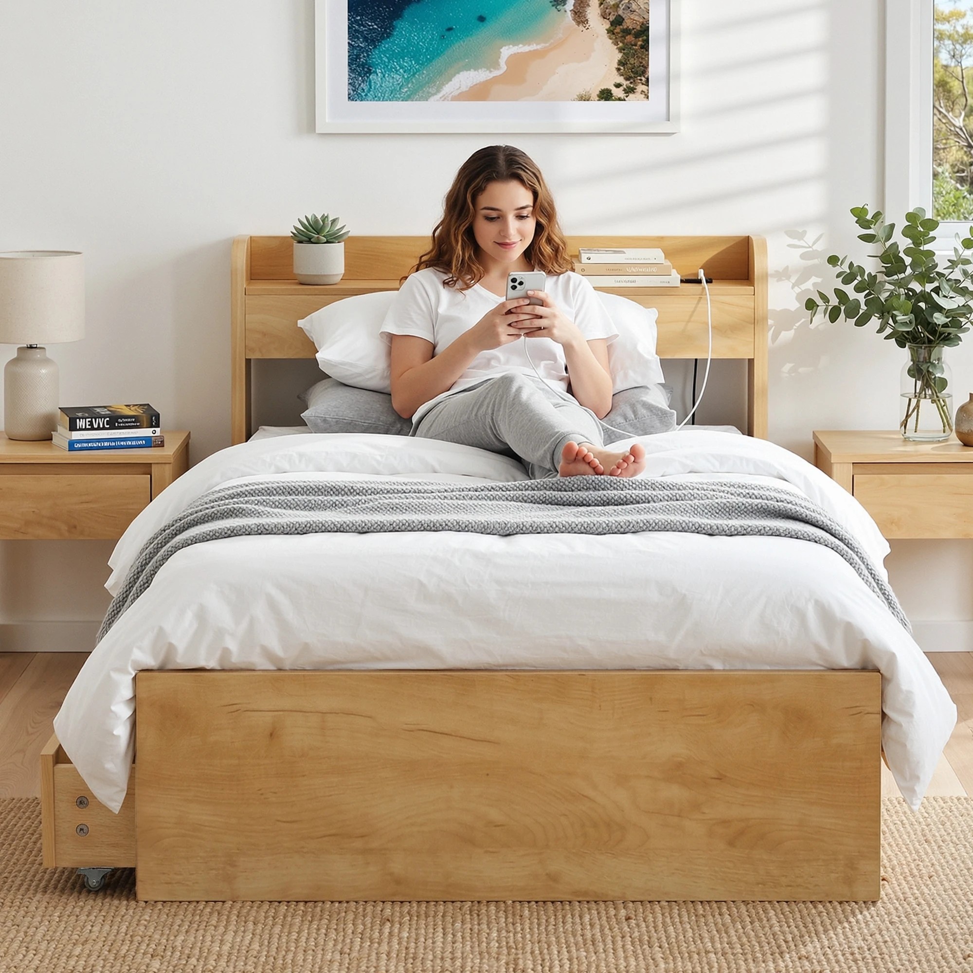 8 Artiss King Single Bed Frame with 2 Drawer Platform Bed Base with USB Ports - Natural, 8 of 9