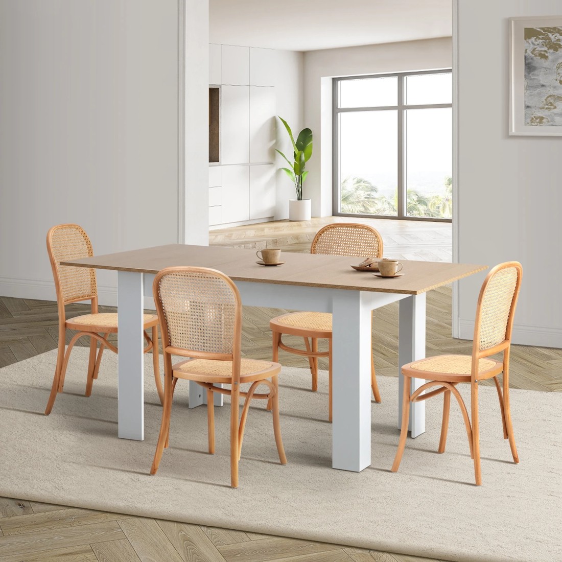 3 Oikiture 160cm Extendable Dining Table with 4PCS Dining Chairs Rattan - Natural, 3 of 9