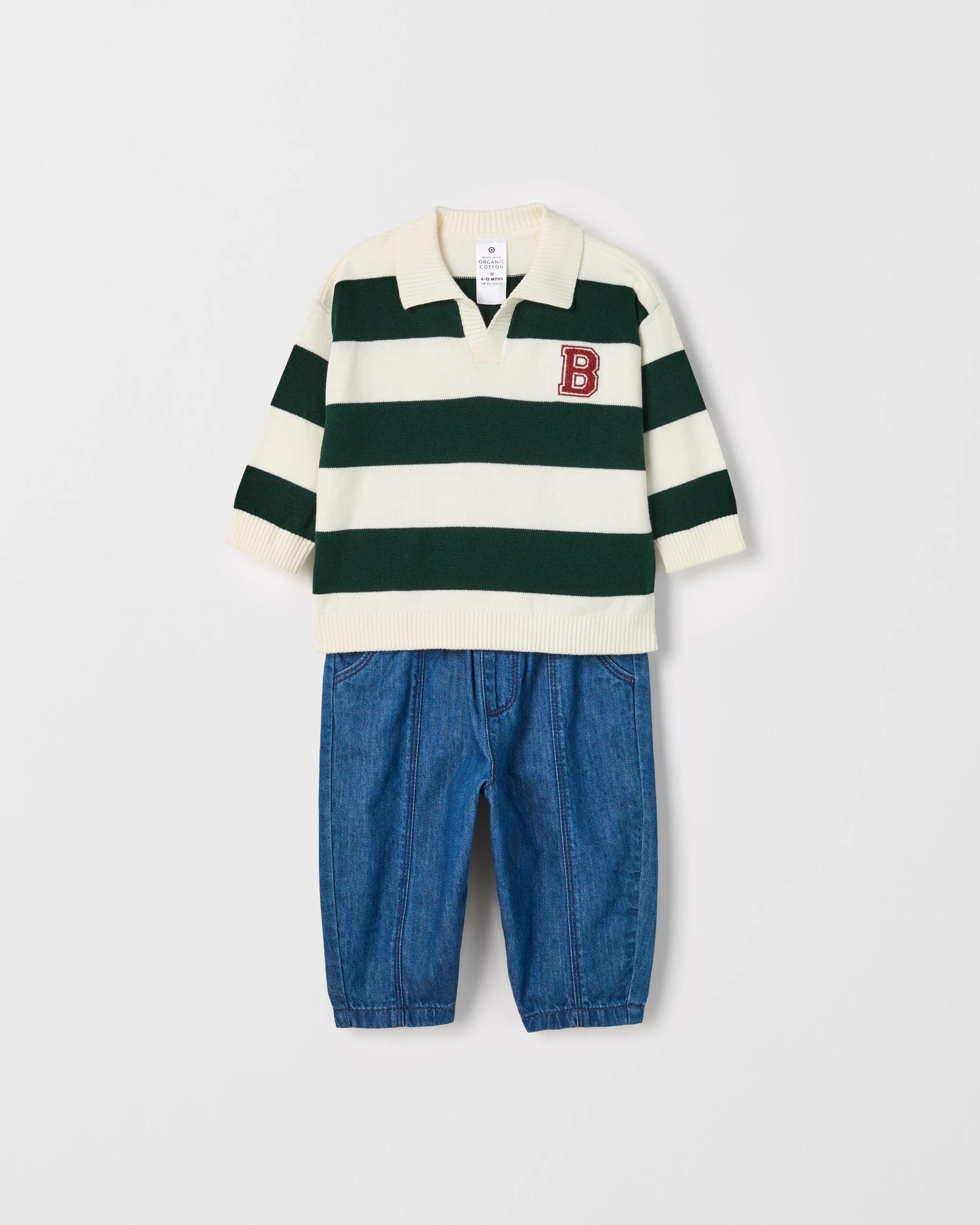 5 Target Baby Baby Organic Cotton Knit Polo Top & Denim Pants Set PINE GROVE STRIPE, 5 of 7