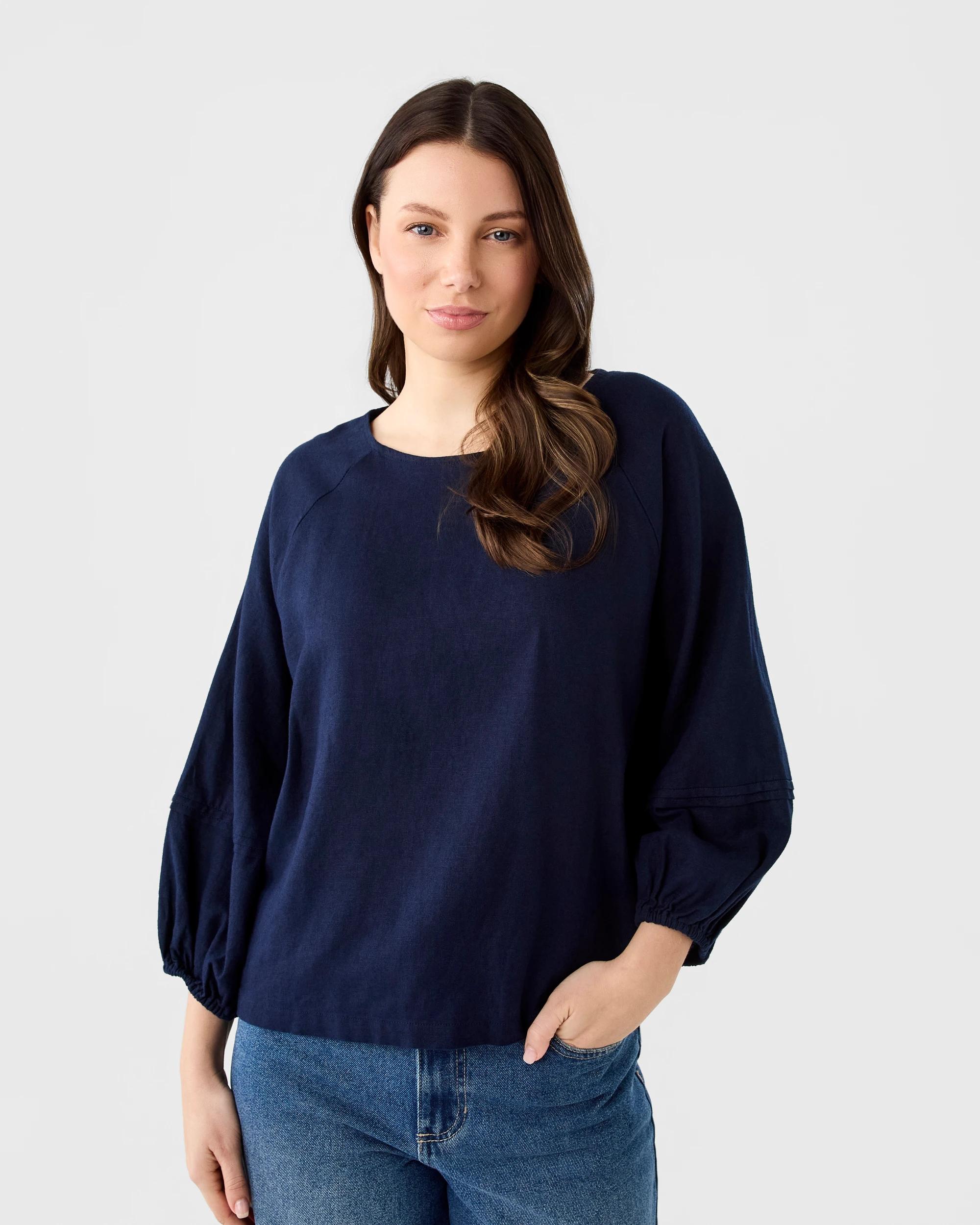 1 Long Sleeve Linen Blend Top Night Nvy, 1 of 6
