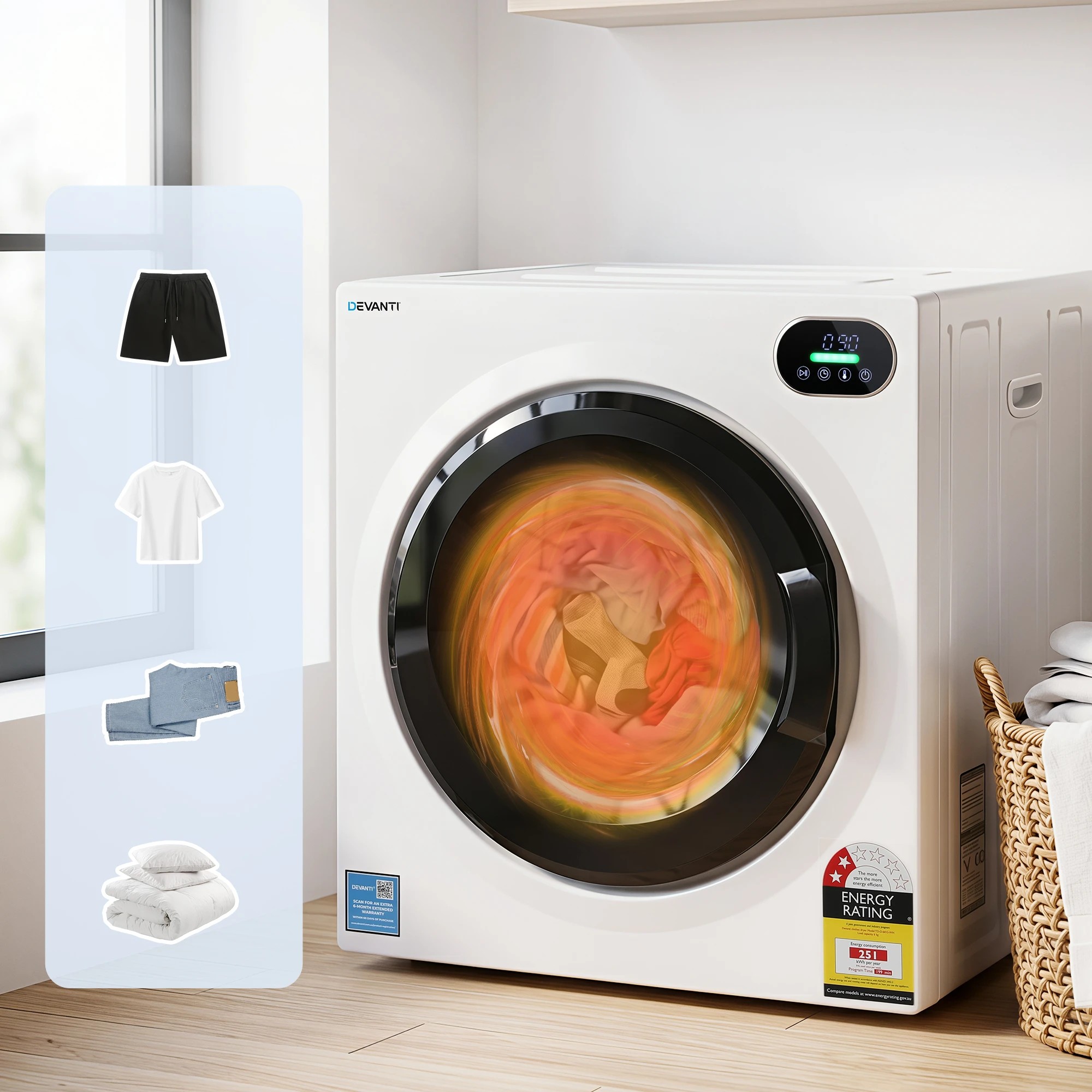 4 Devanti 6kg Tumble Dryer, Intelligent Touch Screen Clothes Dryer with 4 Drying Modes Stainless Steel Drum - White, 4 of 9