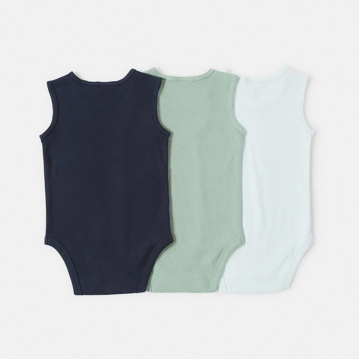 2 3 Pack Sleeveless Rib Bodysuits Green Blue, 2 of 8