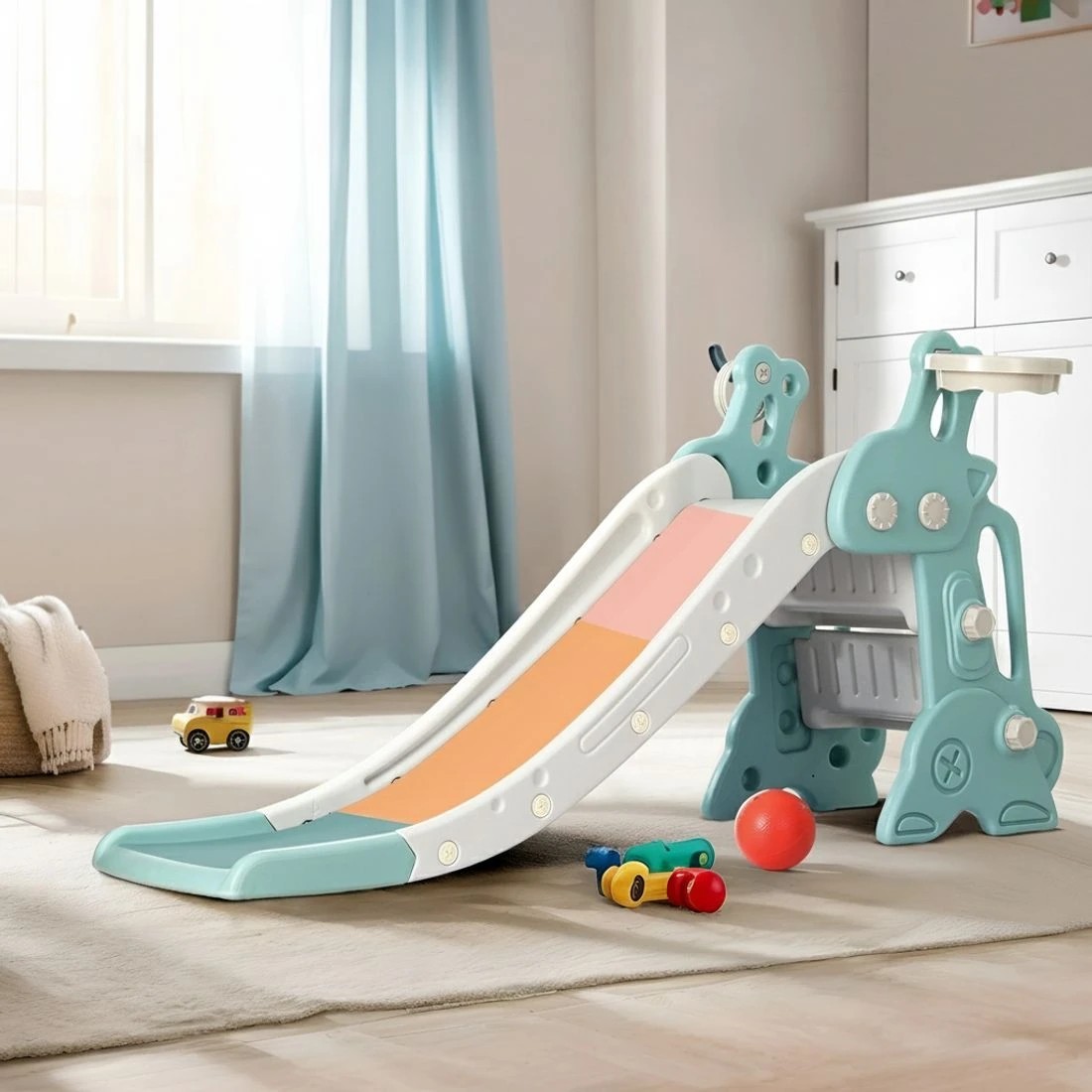 3 Keezi Kids Slide Set Basketball Hoop Ring Outdoor Playground Toy Deer 140cm - Blue, 3 of 5