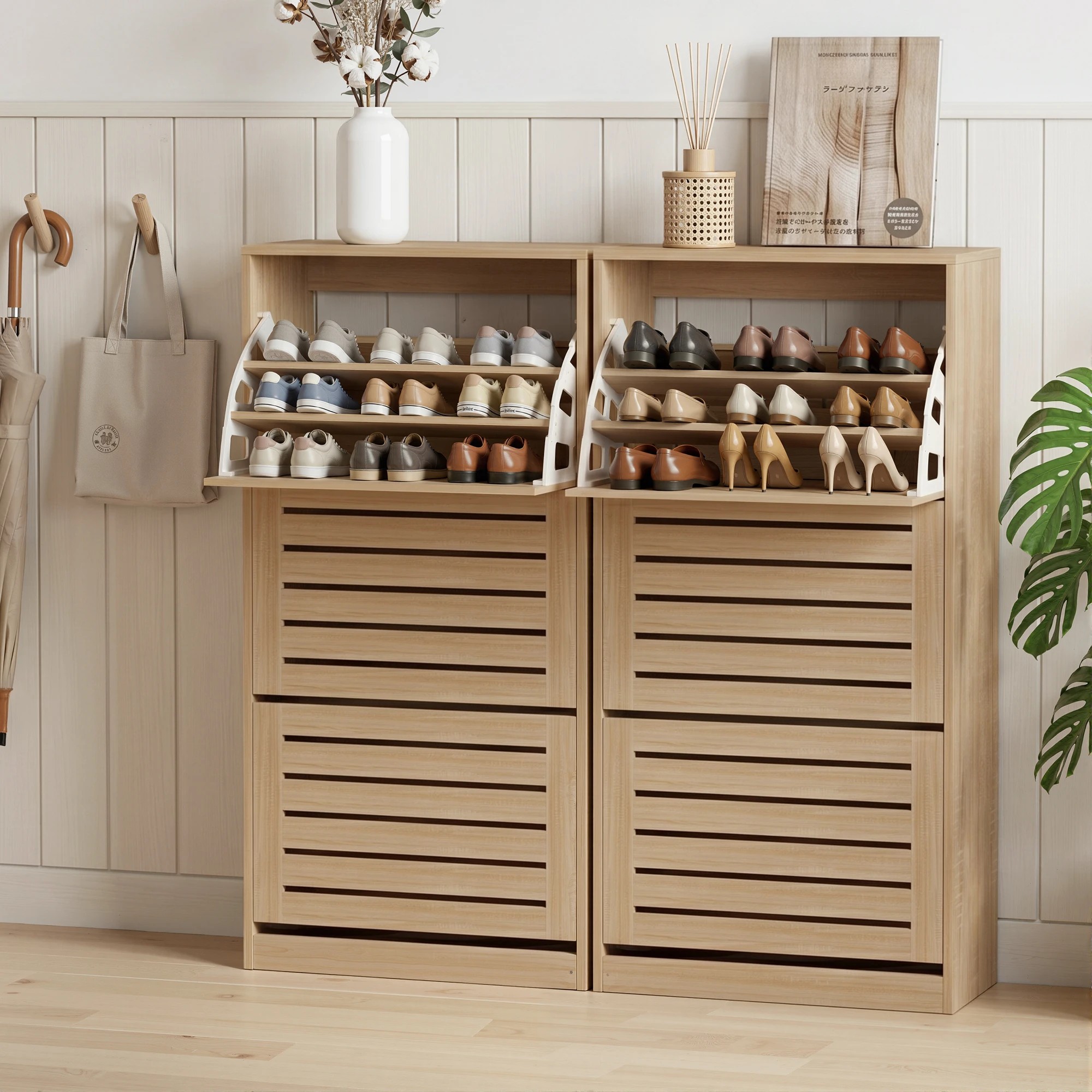 7 Artiss 2x Shoe Cabinet Storage Organiser 3 Flip Drawer Ventilated Slatted Hallway - Natural, 7 of 7