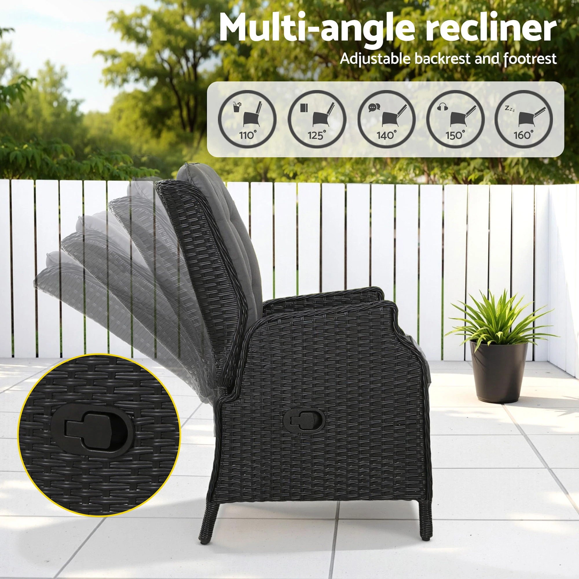 4 Gardeon 2PC Recliner Chair Sun lounge Wicker Lounger Outdoor Furniture - Black, 4 of 8