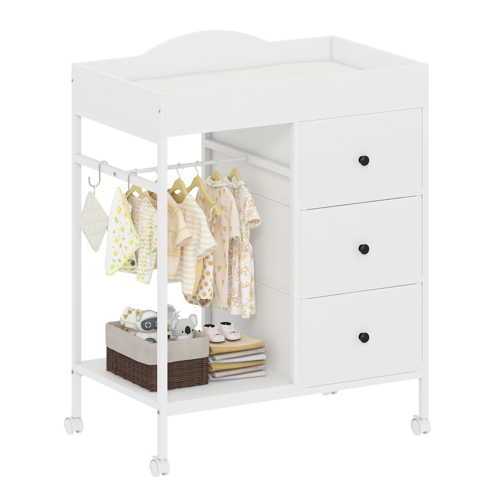 1 Advwin 3-Drawer Baby Change Table with Clothes Rail Lockable Casters - White, 1 of 9