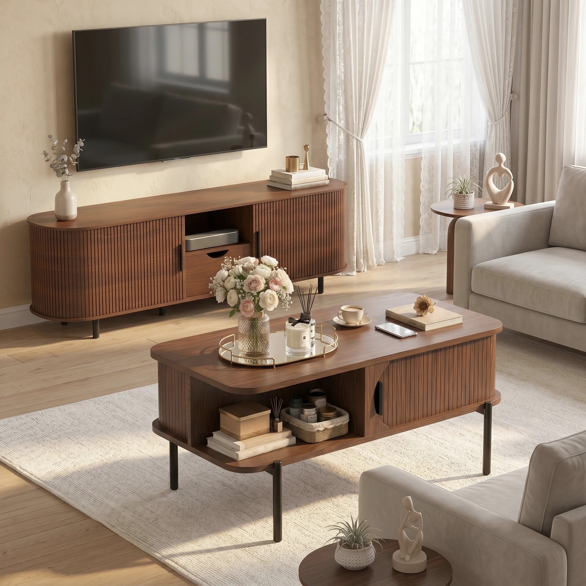 6 Advwin Coffee Table Fluted Center Table with Sliding Door - Brown, 6 of 6