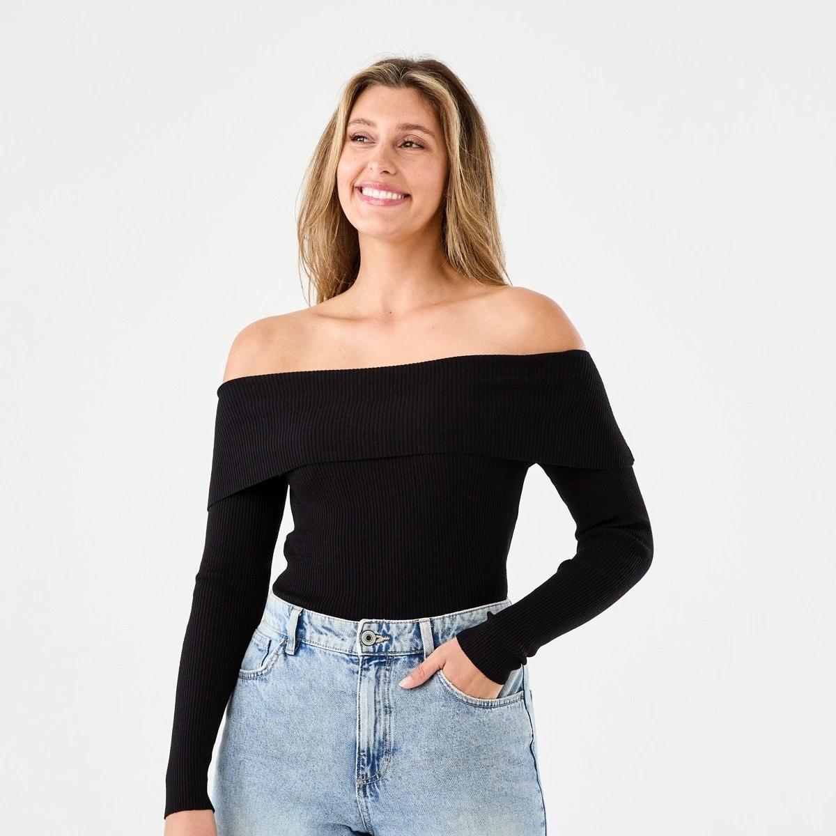 2 Long Sleeve Off Shoulder Top BLACK, 2 of 6