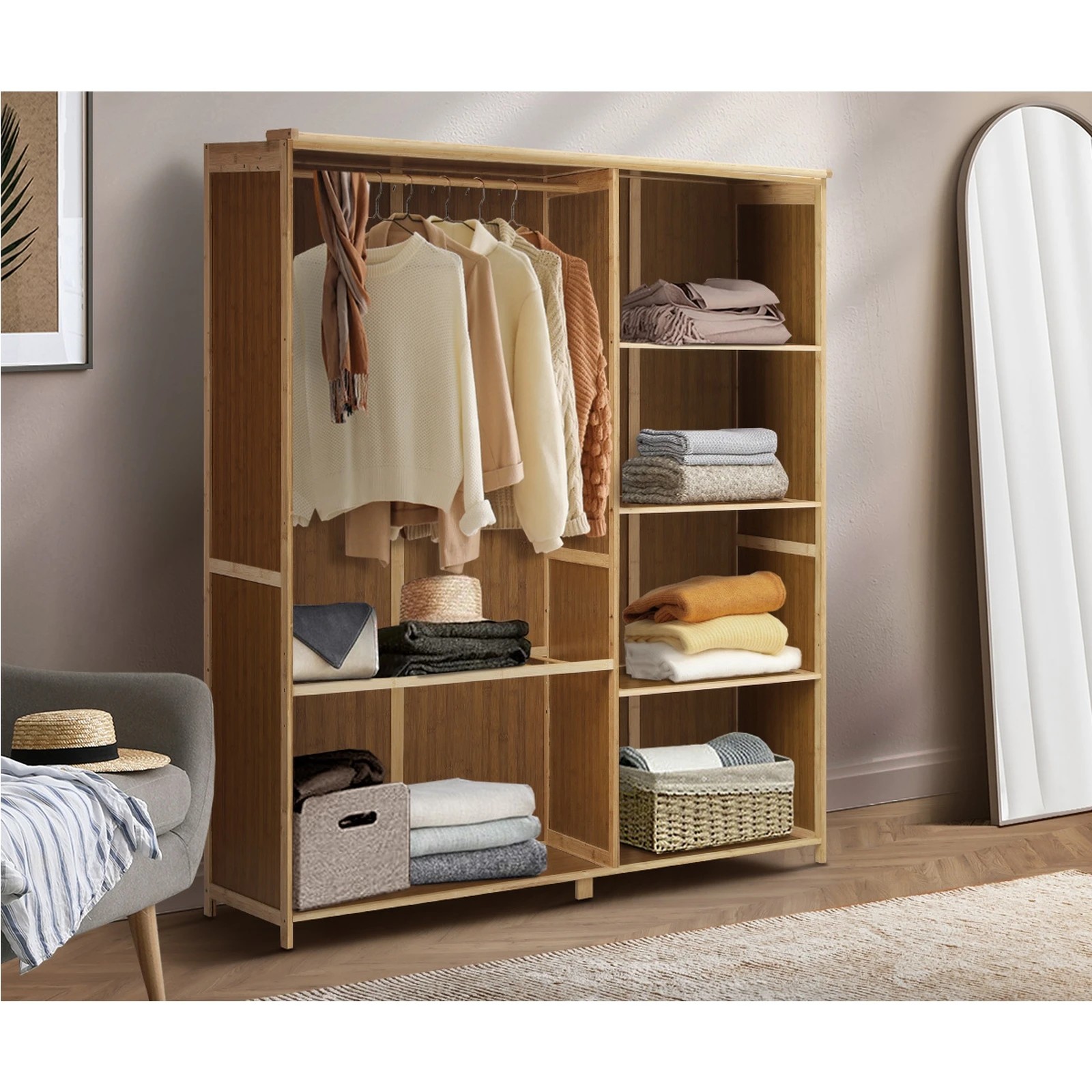 3 Oikiture Open Wardrobe Shelf Unit Clothes Storage 5 Shelves Hanging Rail
 - natural, 3 of 10
