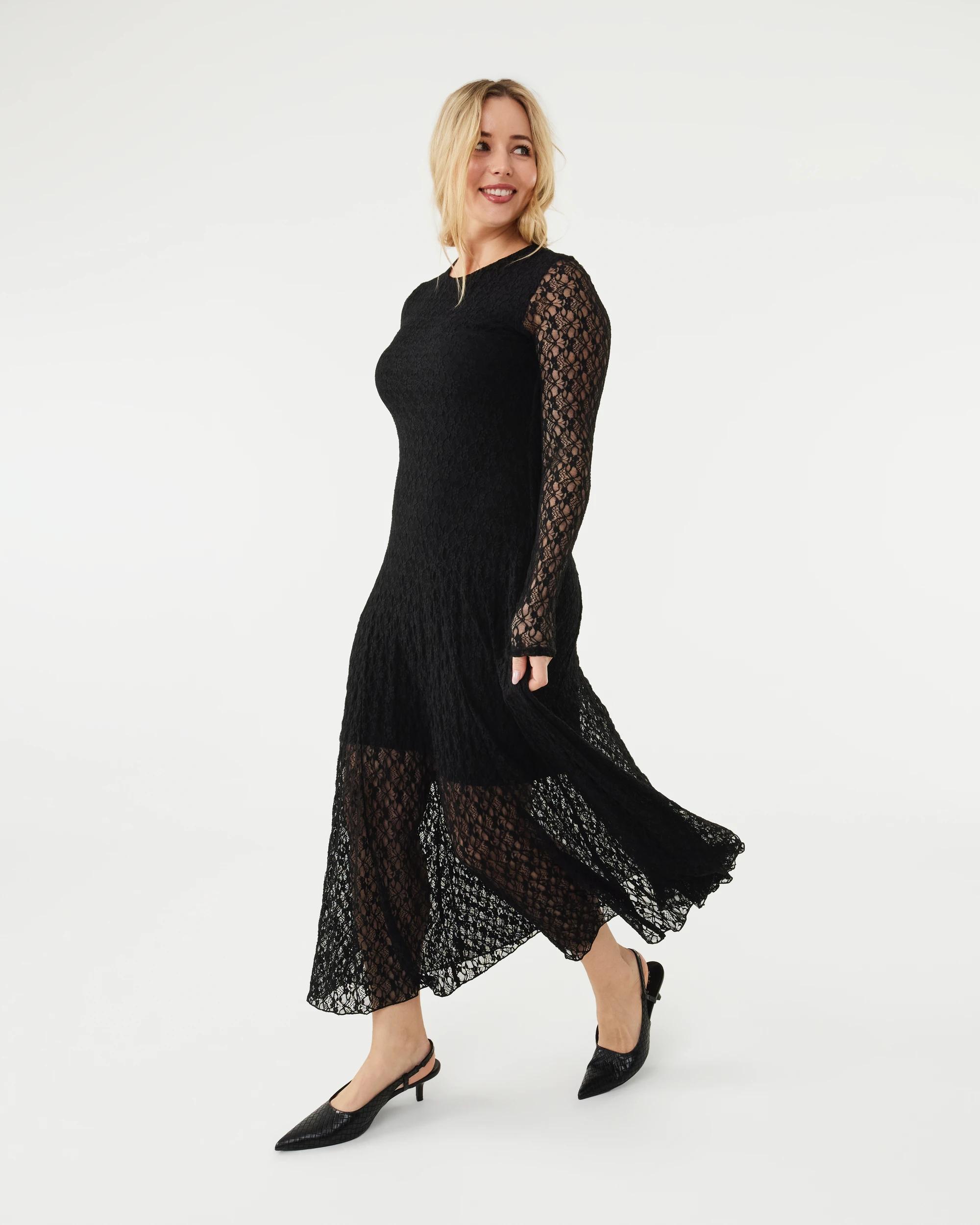 2 Long Sleeve Lace Midi Dress Black, 2 of 7
