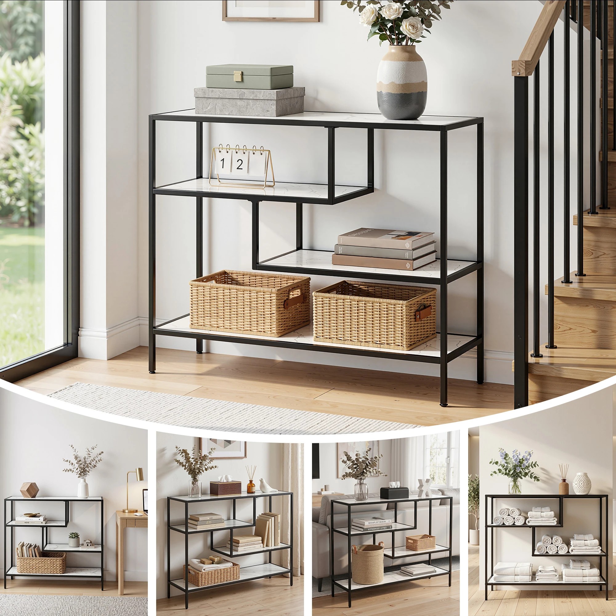 8 Artiss Console Table Entryway Hallway Marble Effect 4-Tier Storage Shelves - Black, 8 of 10