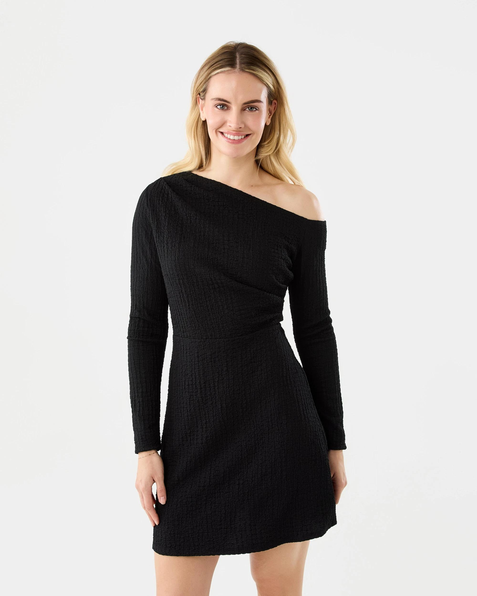1 Long Sleeve Crinkle Asymmetric Mini Dress Black, 1 of 8