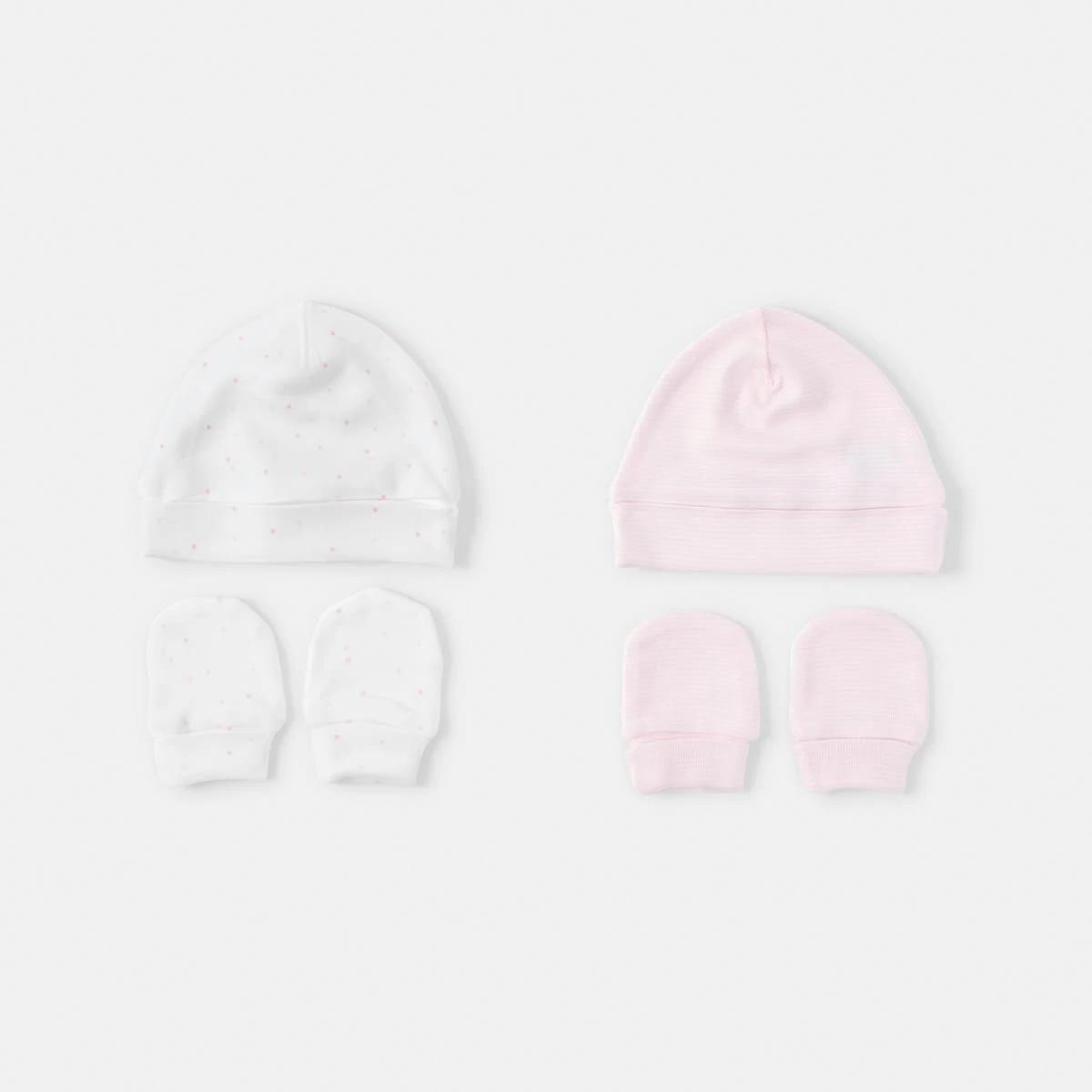 1 2 Pack Newborn Hat and Mittens Set PINK STRIPE AND SPOT, 1 of 8