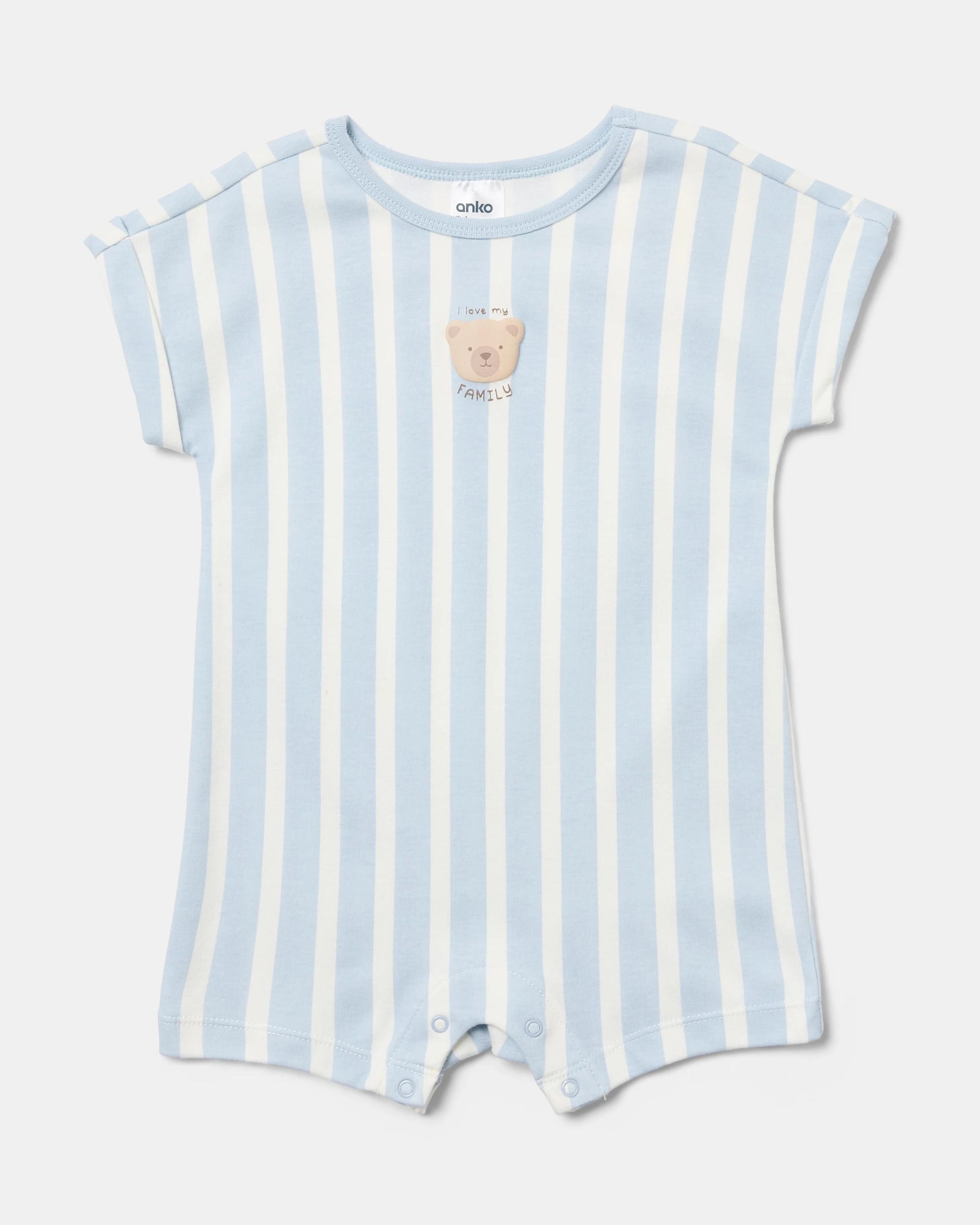 1 Cotton Short Sleeve Print Romper Bear Strpe, 1 of 3