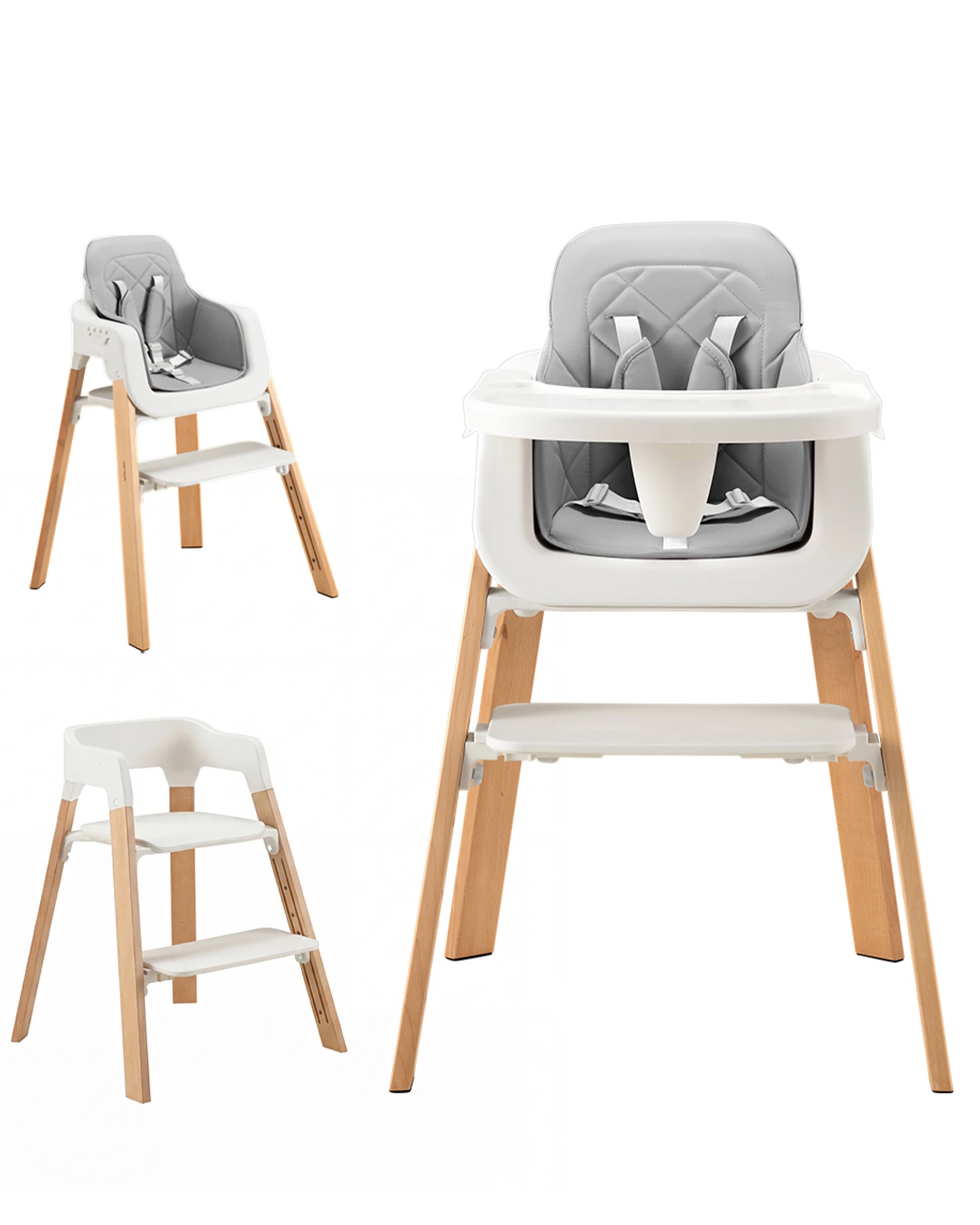 1 PlayPals 3-In-1 Baby High Chair Wooden Feeding Chair Toddler Chair Grey for 6M-12Y, 1 of 9