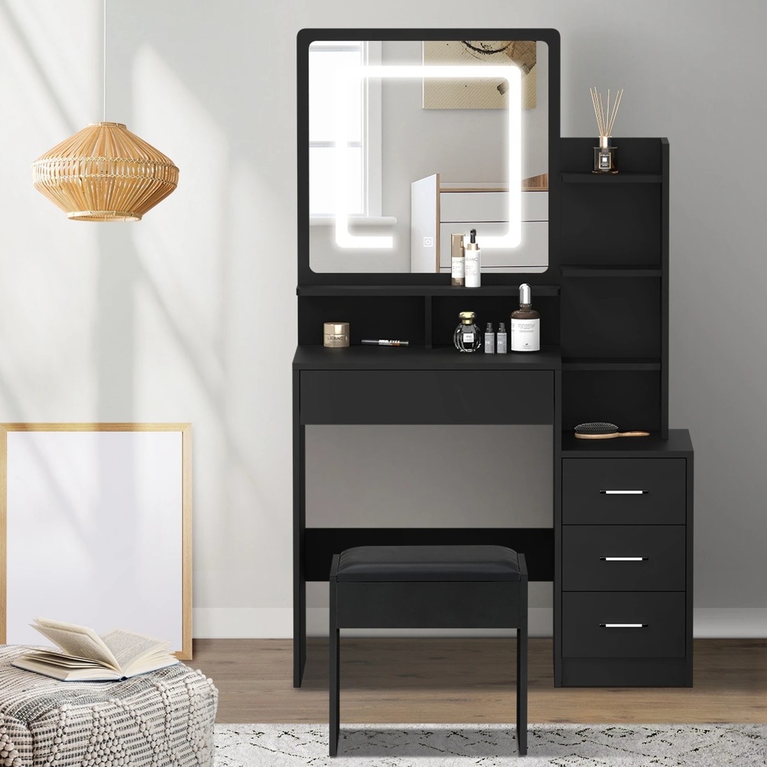 3 Oikiture Dressing Table Stool Set Makeup Mirror Led Light Storage Cabinet
 - Black, 3 of 9