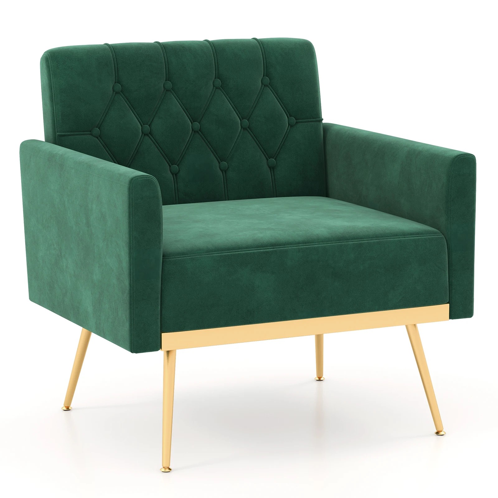 1 Costway Modern Accent Armchair Velvet Sofa Chair w/Button Tufted Back & Golden Metal Legs - Green, 1 of 5