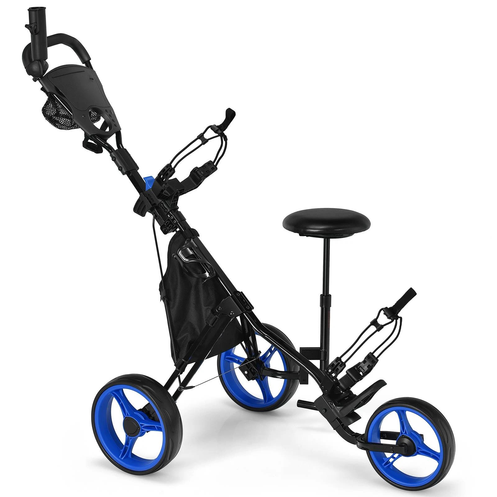 1 Costway 3 Wheels Golf Push Cart Quick Open Golf Trolley w/Padded Seat Foot Brake Storage Bag - Blue, 1 of 4