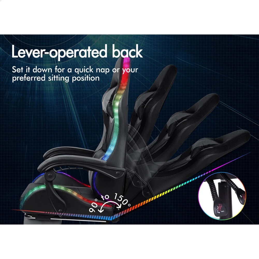 7 Alfordson Gaming Chair Office Massage 12 RGB LED Computer Seat PU Leather - Grey, 7 of 10