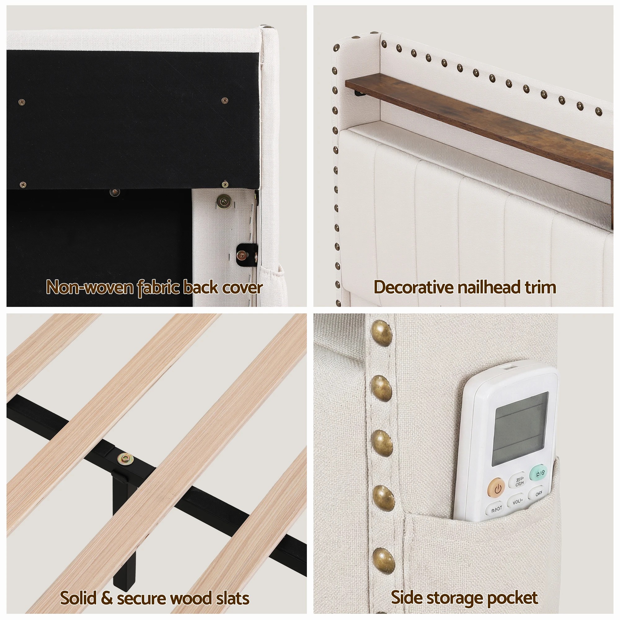 6 Artiss Queen Bed Frame with Shelf Storage Drawers Charging Station Mood Lighting - Beige, 6 of 6