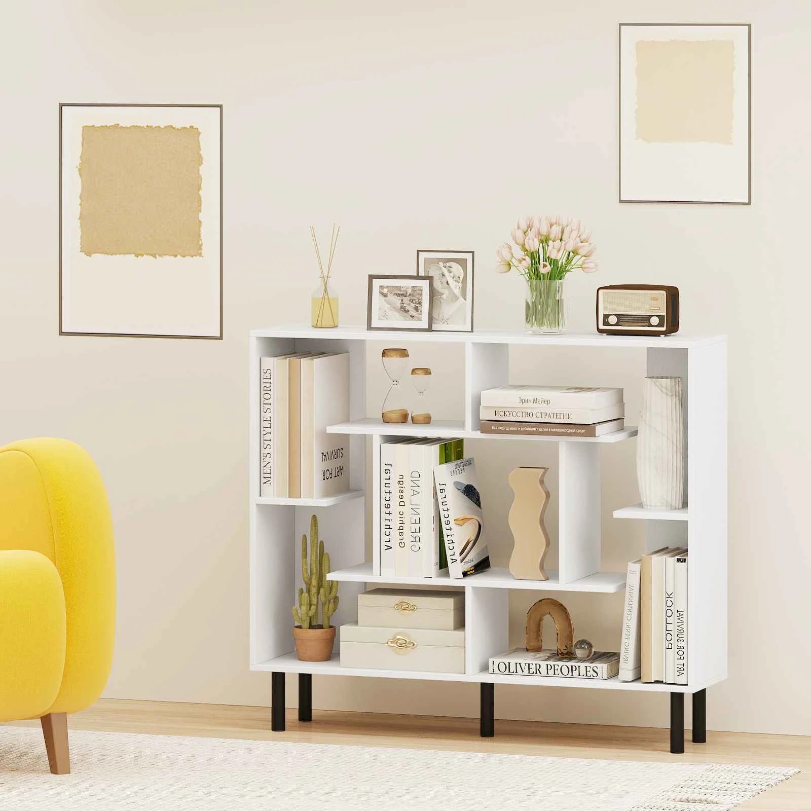 4 Costway Modern Bookshelf Wooden Bookcase w/Metal Legs Cube Shelf Open Storage Organiser - White, 4 of 4