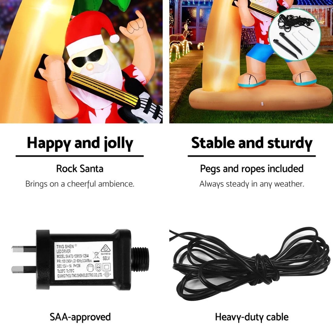 6 Jingle Jollys Christmas Inflatable Santa Guitar 2.1M Led Illuminated Decorations - Multi, 6 of 7