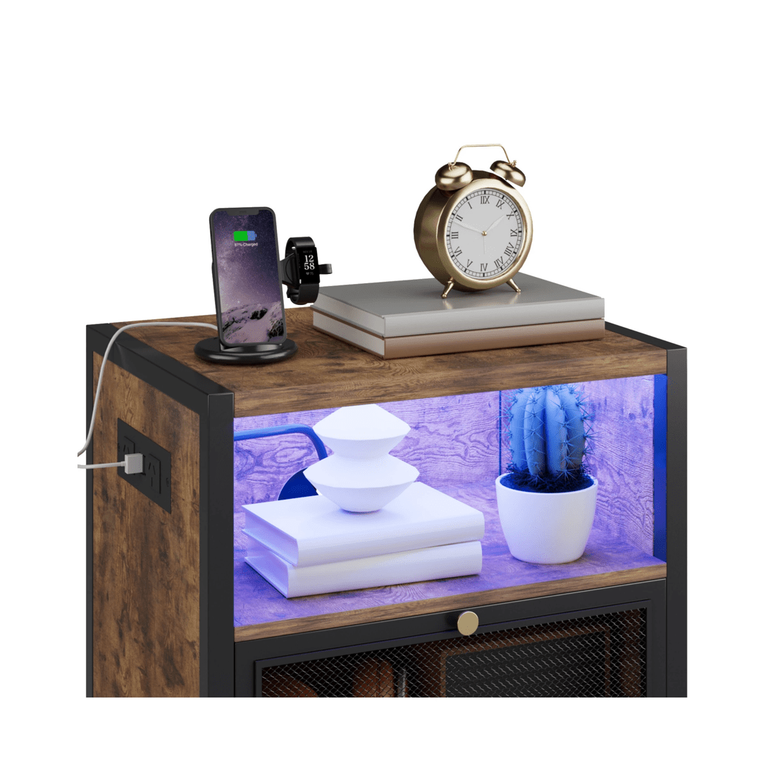 6 Advwin LED Bedside Table with Charging Station Metal Mesh Drawer Nightstand Side Table - Brown, 6 of 9