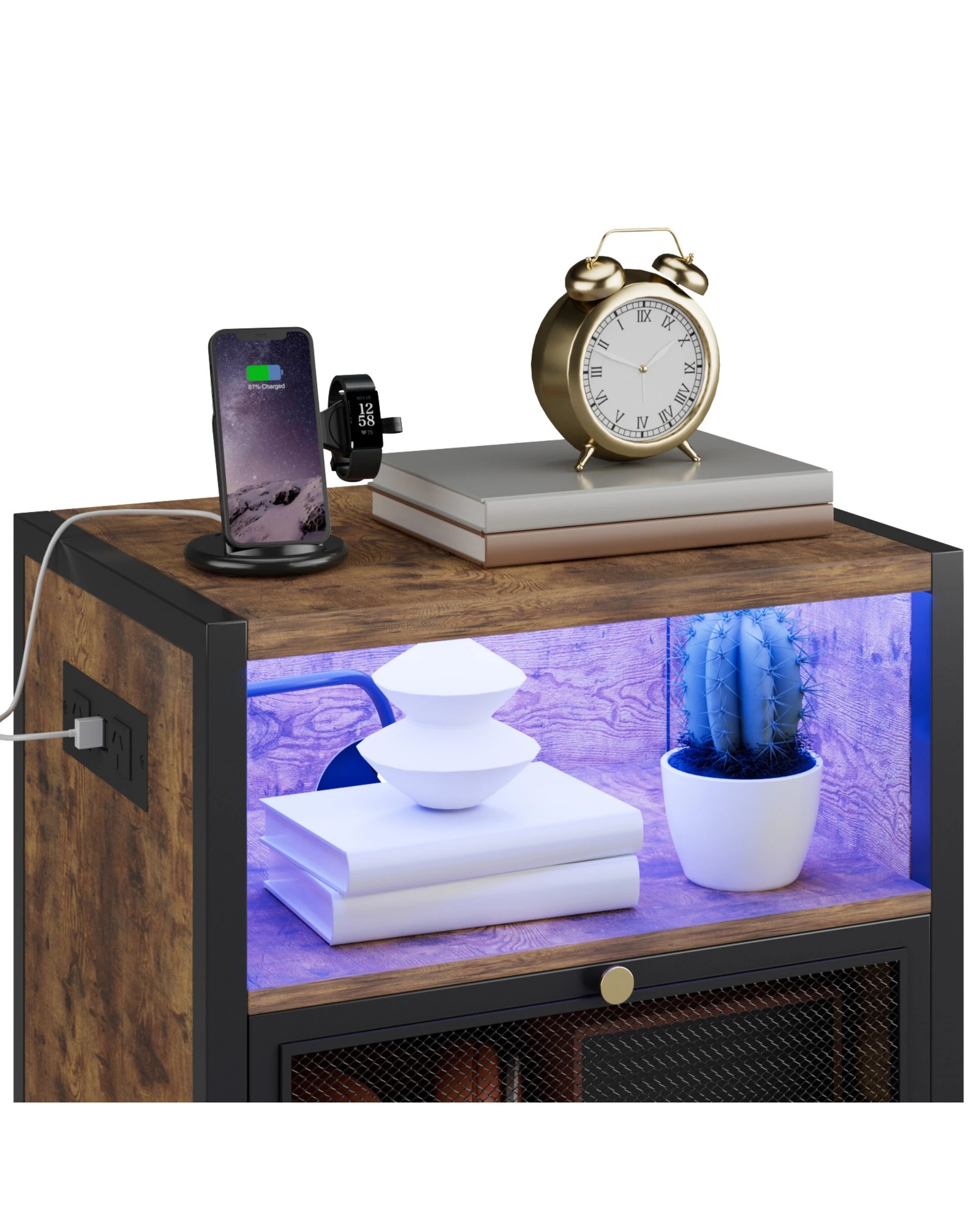 5 Advwin LED Bedside Table with Charging Station Metal Mesh Drawer Nightstand Side Table - Brown, 5 of 8