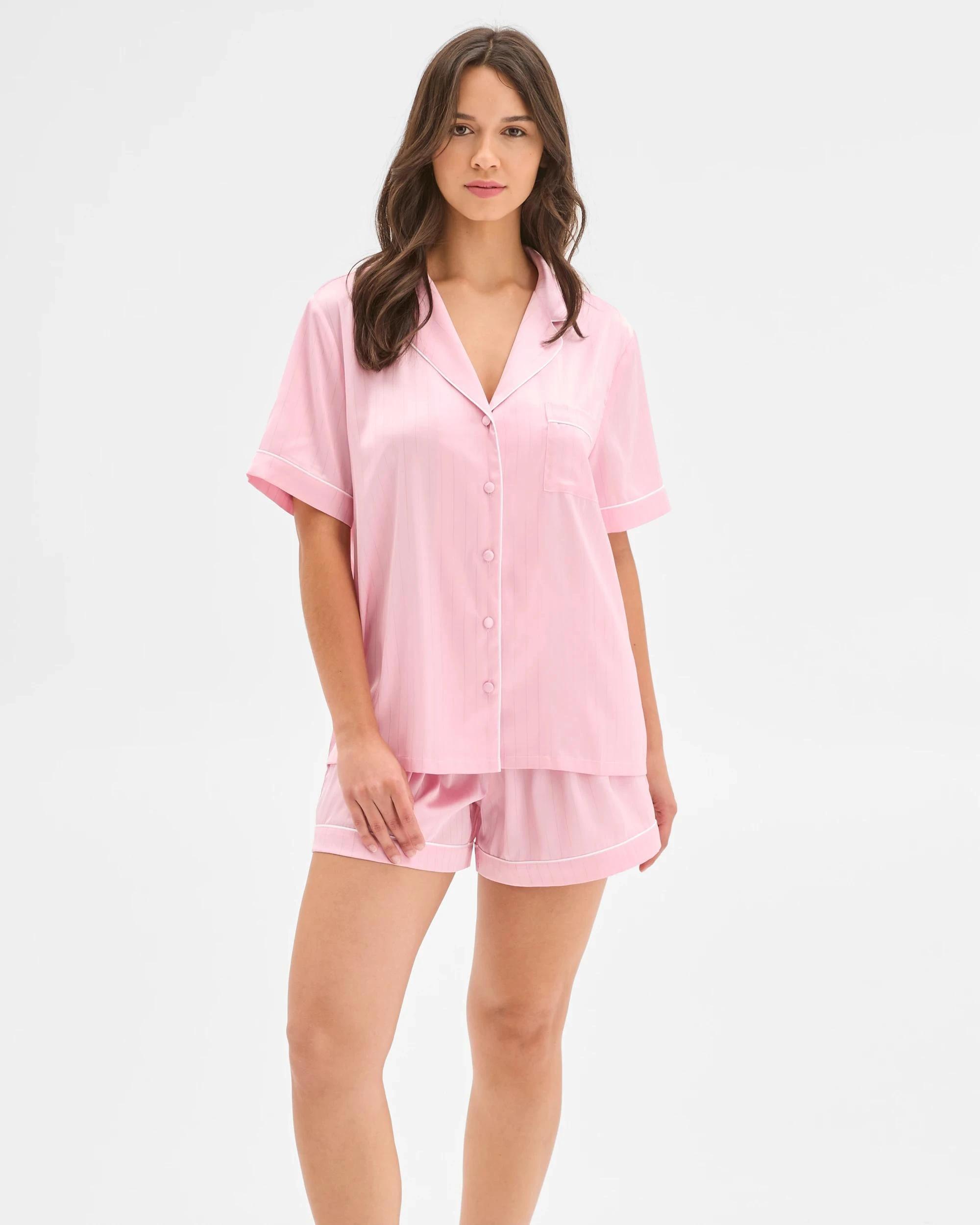 1 Target Woman Satin Lurex Shirt and Shorts Pyjama Set PINK, 1 of 6