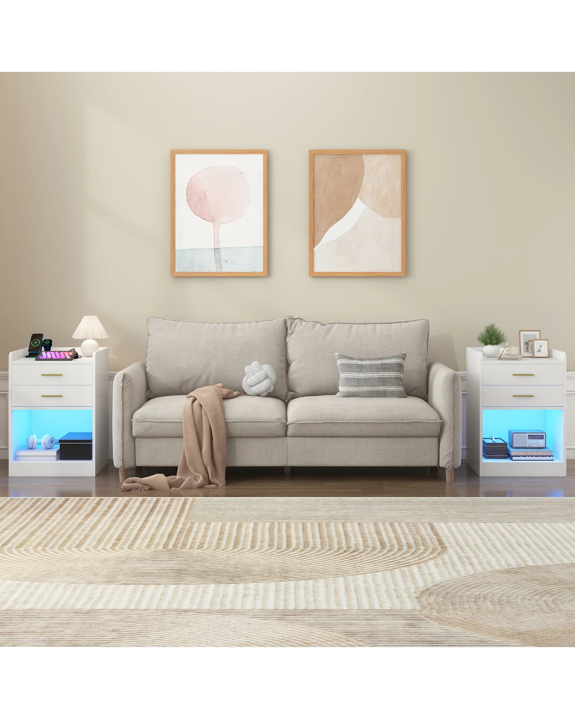 3 Advwin LED 2x Bedside Table with Charging Station 2 Drawers Nightstand - White, 3 of 8